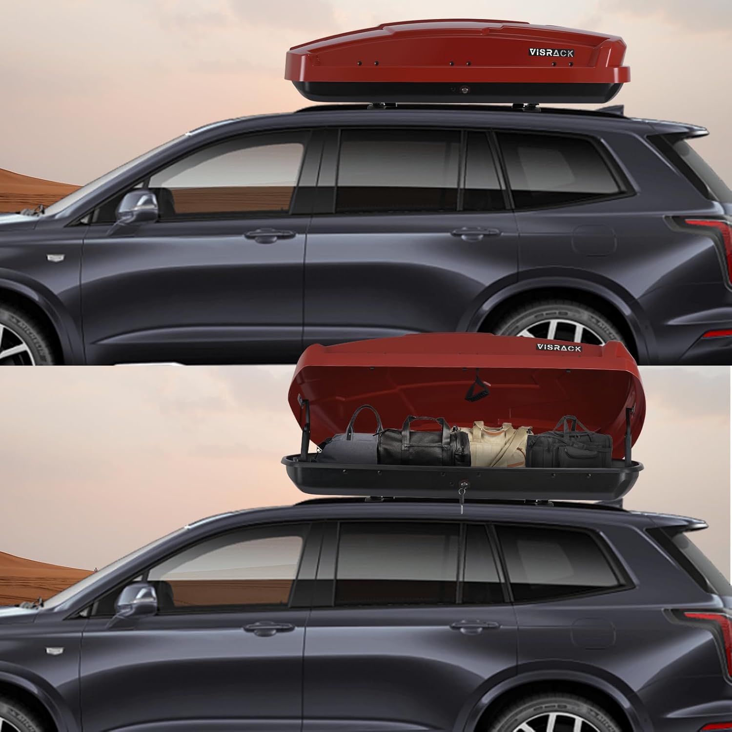15.5 Cubic Feet Rooftop Cargo Carrier Box, Heavy Duty Hard Shell Roof with Security Keys, Waterproof Rooftop Cargo Box, 58.3 (L) x35.4 (W) x 13(H) Inches, (Tool-Free Install), Red