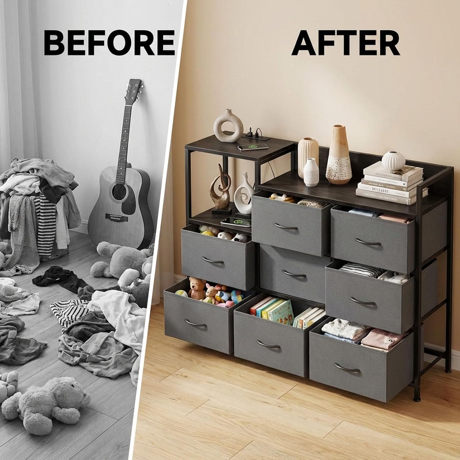 TV Stand with Charging Station, 8 Fabric Drawers Dresser Entertainment Center for TV up to 55 inch Wooden Media Console Table Storage Organizer for Living Room, Bedroom, Gray