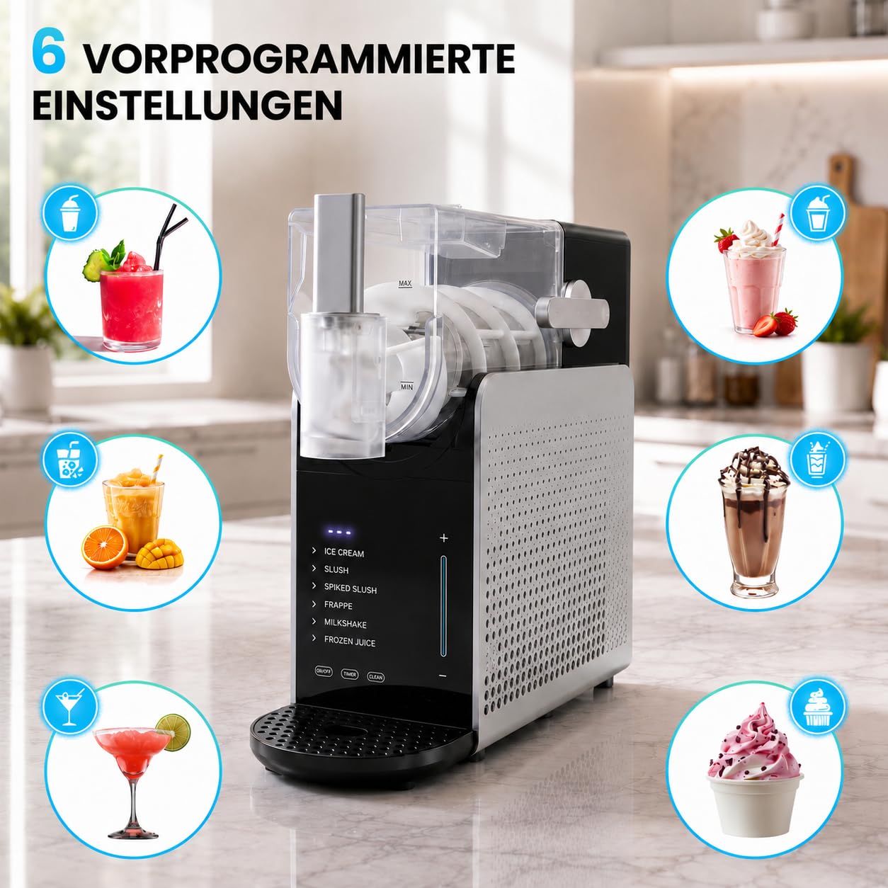 Slush-Maschine – Slush Puppy Maschine 1,6L, 6 Programme, Granita Maschine für Eiskaltgetränke, Timer, BPA-frei, 200W, Schwarz