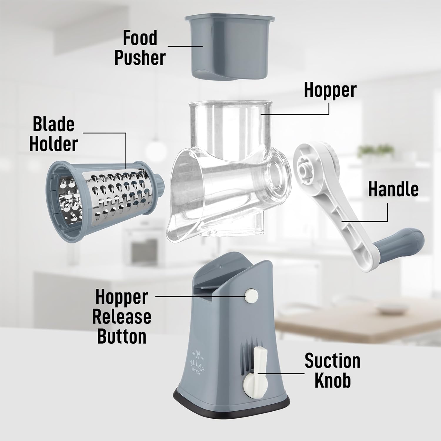 Zulay Kitchen Rotary Cheese Grater 5 Blade Cheese Shredder - Manual Hand Crank Cheese Grater With Reinforced Suction & 5 Interchangeable Drums - Easy to Use, Vegetable Chopper Round Mandoline Slicer