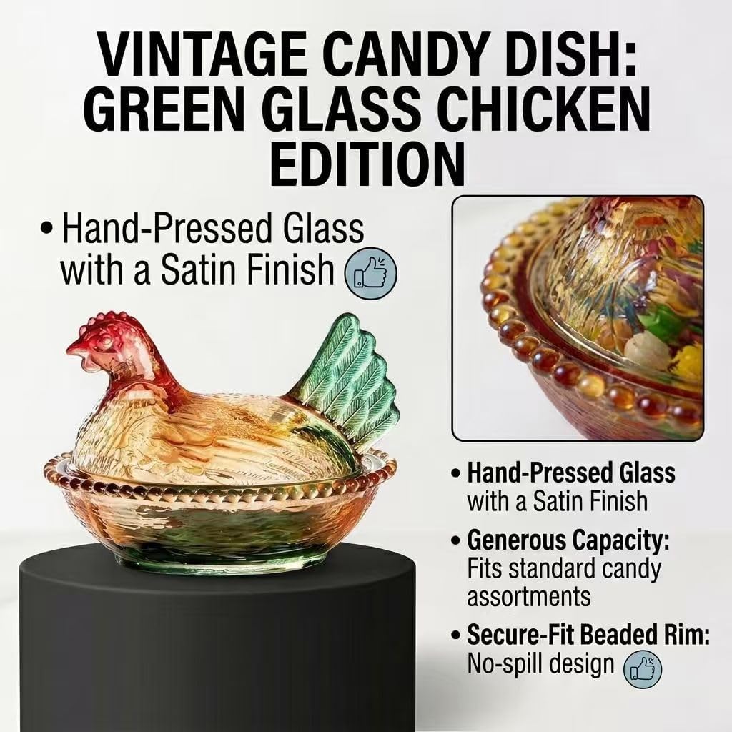 Vintage Glass Hen on Nest Candy Dish with Lid - Chicken Shaped Crystal Candy Jar for Snacks, Dessert, Cookies, Home Kitchen Tabletop Decor (multicolored)