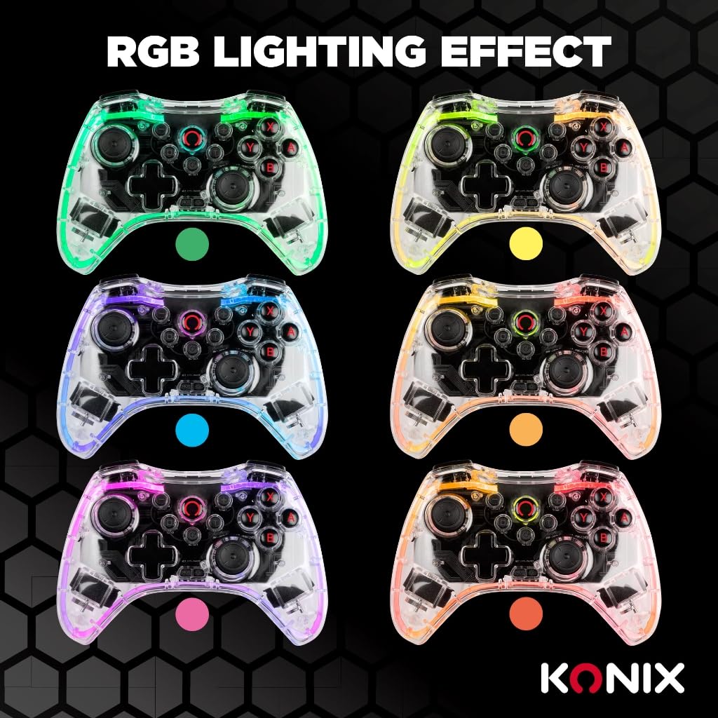 Konix Controller wireless Crystal Switch, Switch OLED, PC e PS4 - Autonomia 10 h - Bluetooth 5.0 EDR - Vibrazione - Illuminazione LED RGB regolabile