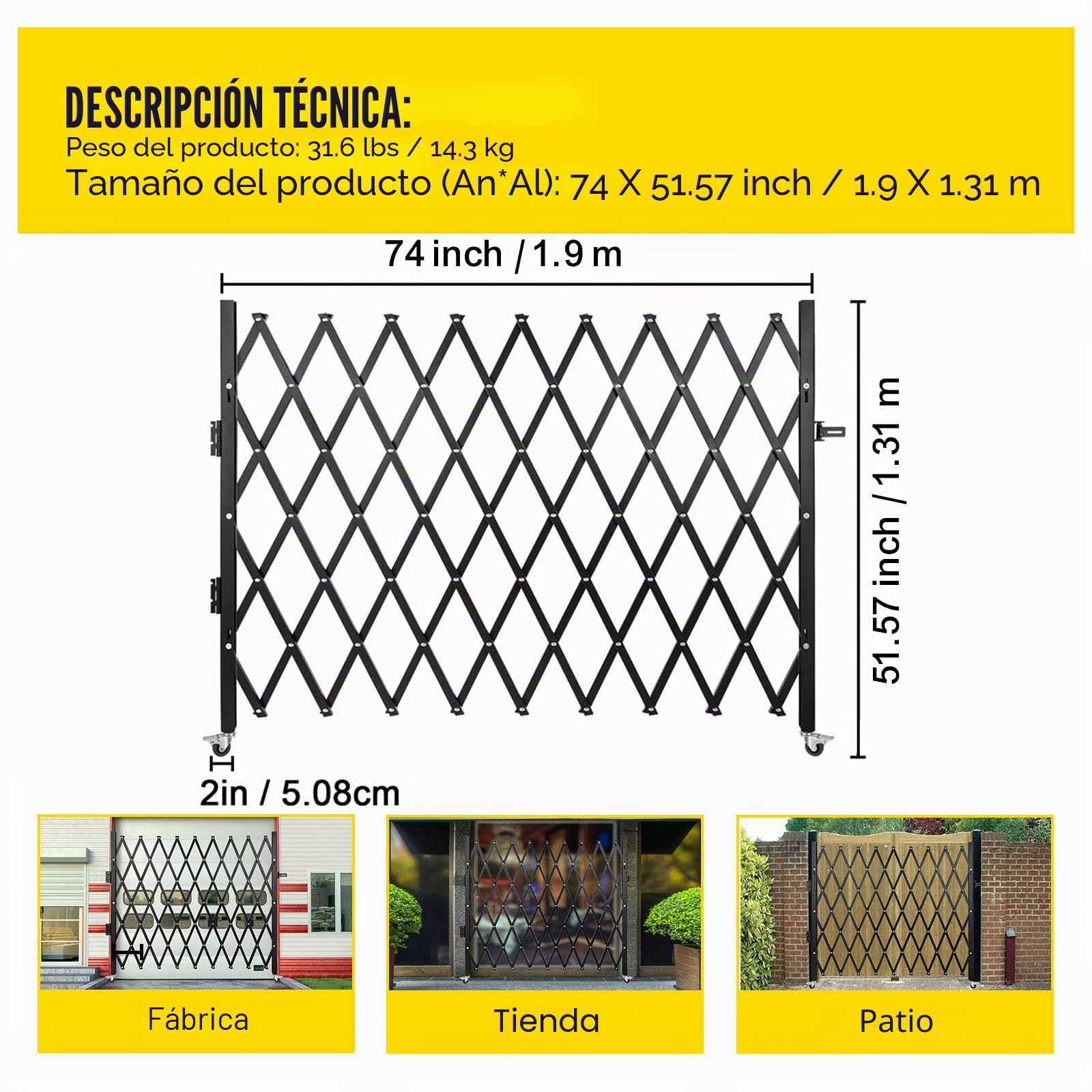 VEVOR Barrera de Seguridad Extensible Plegable Simple, 1,9 m H x 1,26 m L, Valla de Escalera de Acero, rodante a 360°, Barrera de Tijera o Puerta con Cadenas, para casa sótano de Garaje, Negro