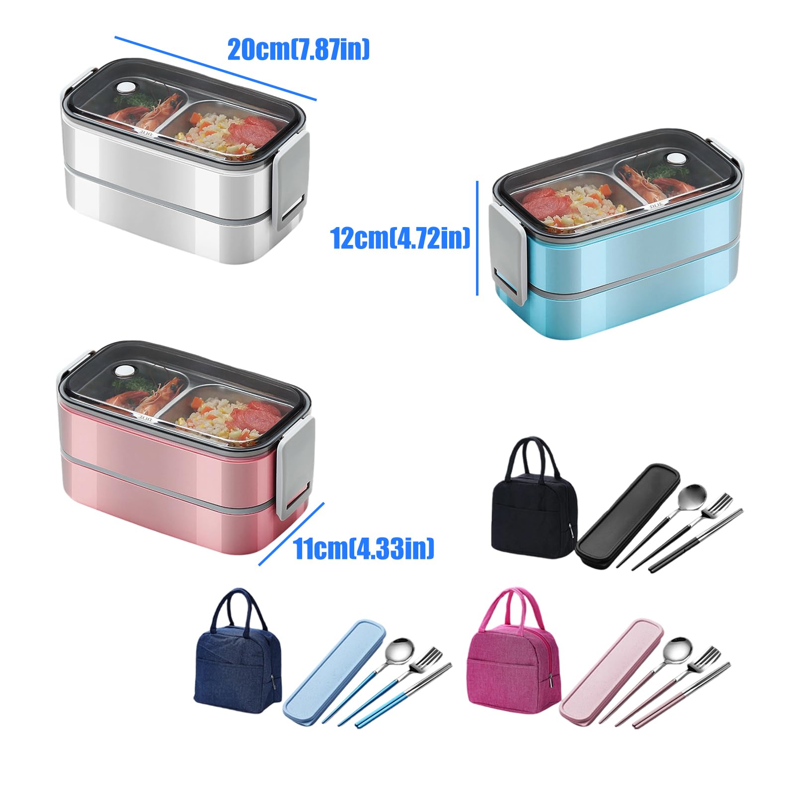 Set contenitori per pranzo, scatola per pasti in acciaio a doppio strato, coperchio trasparente, custodia per utensili, borsa per trasporto, pasti organizzati, contenitore per alimenti in set la
