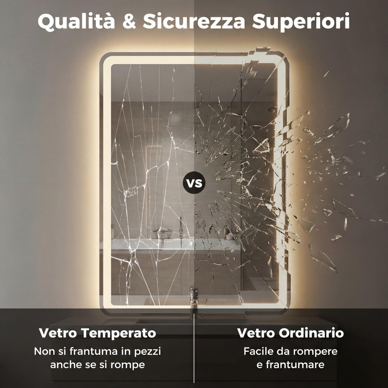 COSTWAY Specchio Bagno Rettangolare con Luce 80 x 60 cm | Speccho da Parete Retroilluminato Dimmerabile con 3 Colori di Illuminazione e Anti-Appannamento, Vetro Temperato Antiesplosio