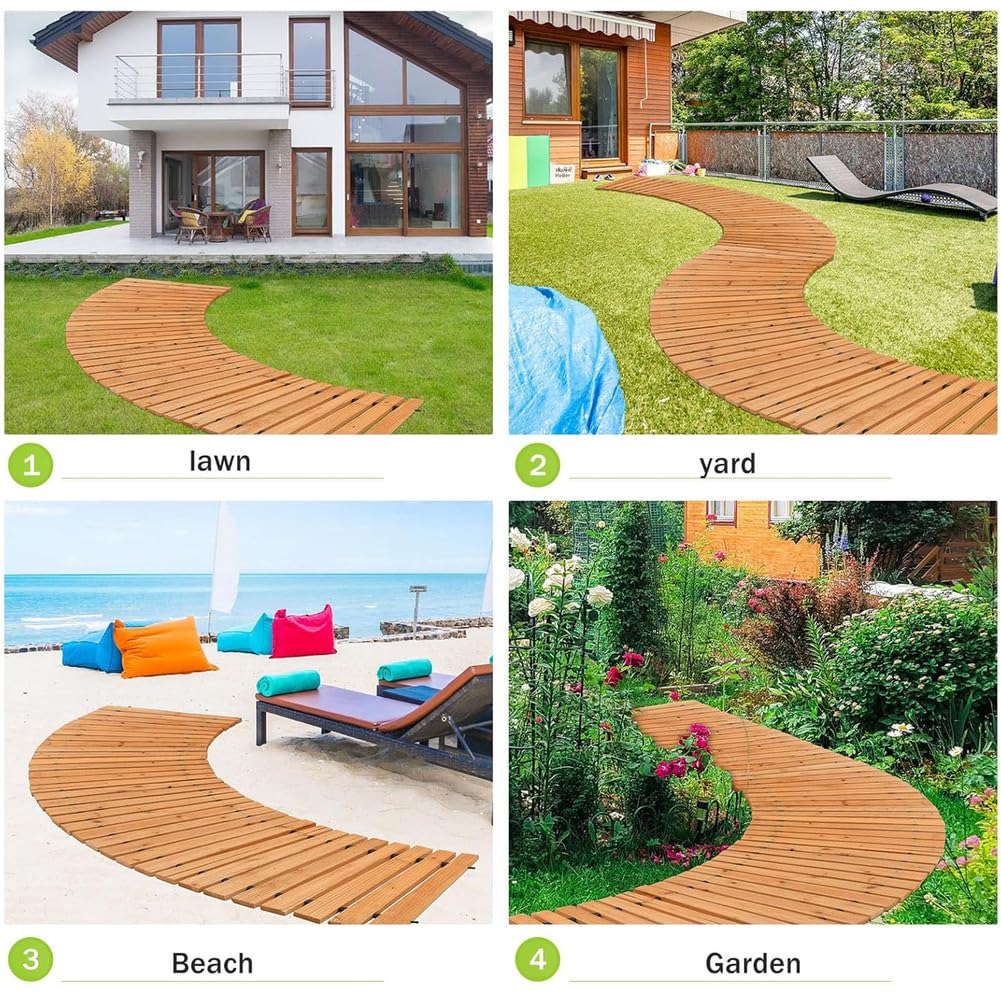 Camino de jardín resistente a la intemperie, cubierta enrollable con piedras decorativas de escalón, superficie de madera dura duradera para pasarela al aire libre, ideal para césped y eventos
