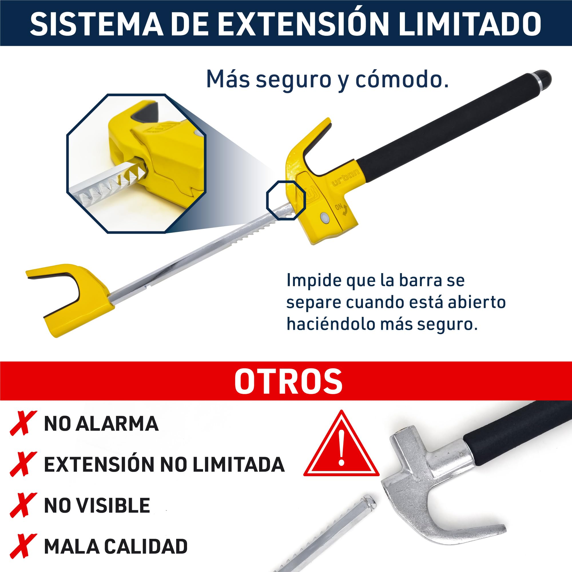 URBAN UR978Y Antirrobo Coche Doble Seguridad, Barra Volante Sin/Con Alarma Hi-Tech 120dB+LED Más Seguro y Visible, Bloqueo Automático, Patentado, Cepo Coche Universal Auto SUV Camper Autocaravana
