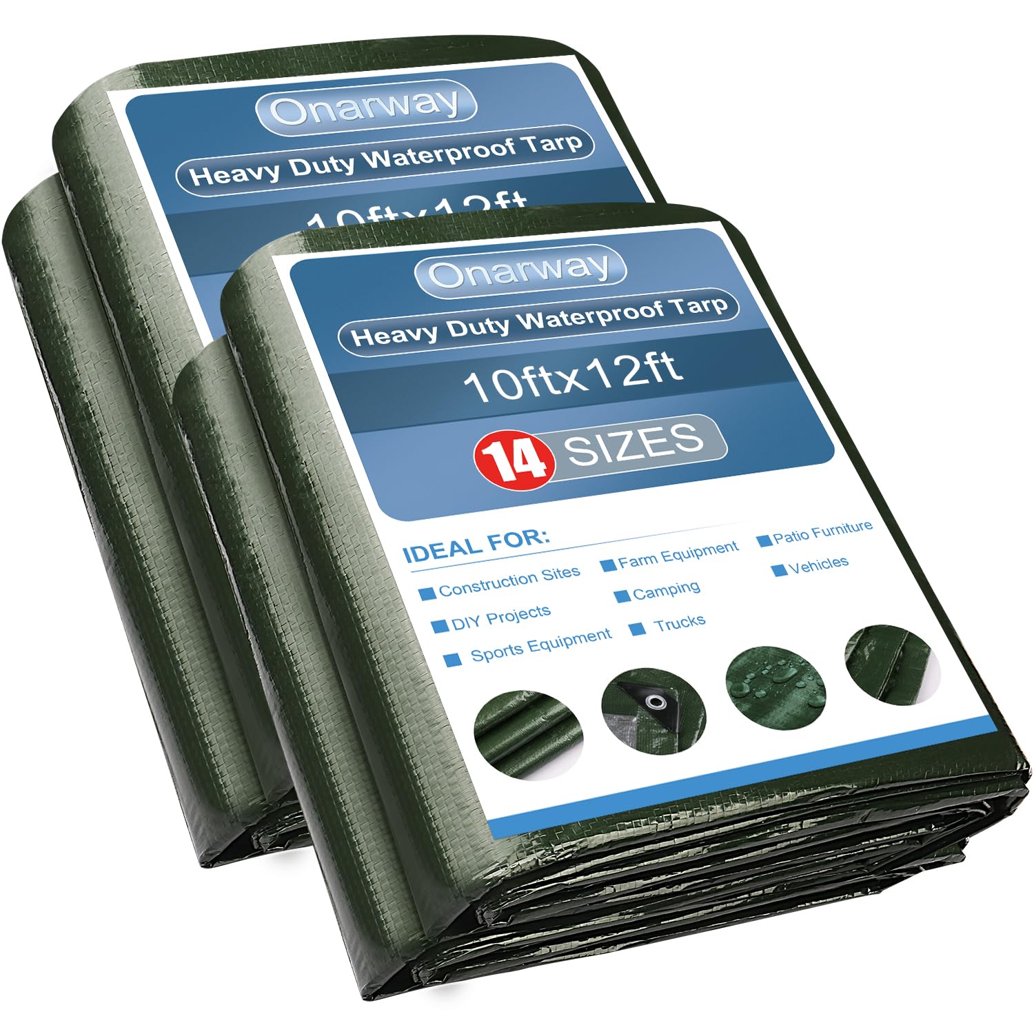 Onarway Poly Tarps Waterproof for Outdoor: Green Tarpaulin 6Mil Thicken 10x12 Ft 2Packs- Anti-UV Waterproof Tarp Cover with Grommets Multipurpose for