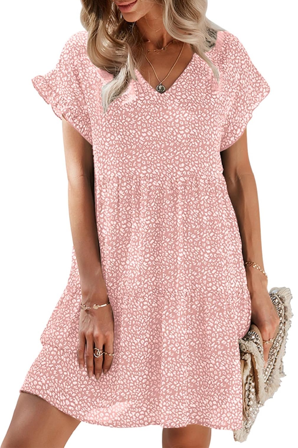 CheChury Vestidos Mujer Manga Cortas Verano Vestido A-Line Casual Vestidos Estampado Floral Vintage Mini Vestido Bohemio Verano Vestidos Florales Cuello en V Chic Cortas Vestido de Playa Vacaciones