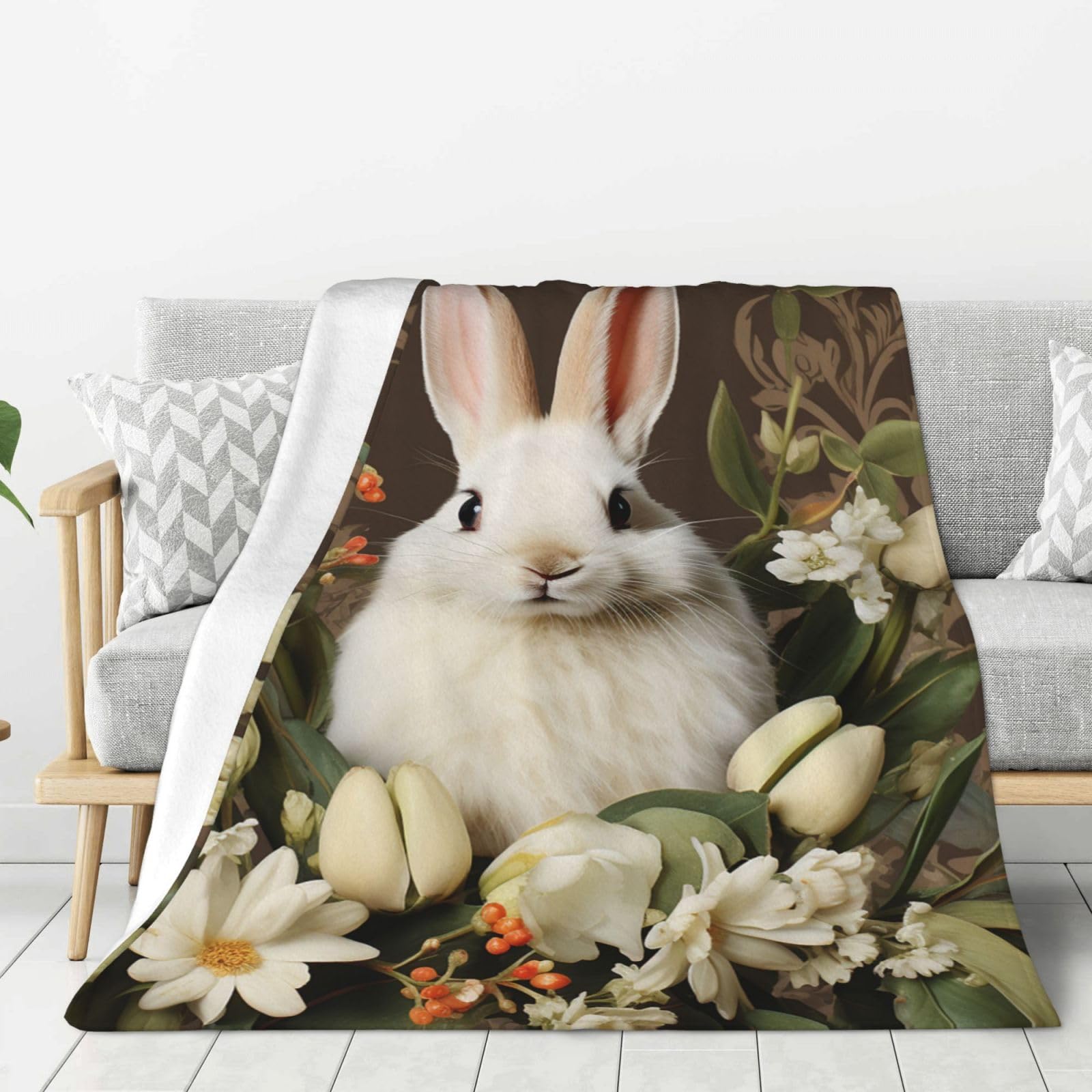 Couverture en flanelle motif lapin blanc cadeau douceur pour lit et sofa