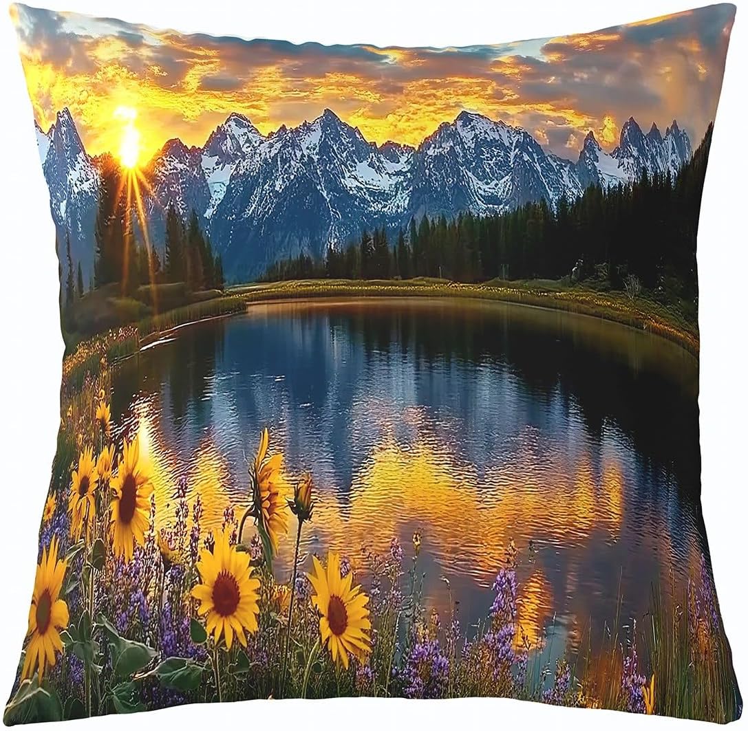 jejeloiu Mountain Lake Throw Pillow Covers 24 x 24-Inch Kids Sunflower Floral Square Cushion Covers Set of 1 Boys Girls Natural Scenery Pillow Cases Sunrise Throw Pillowcases for Sofa Couch Chair