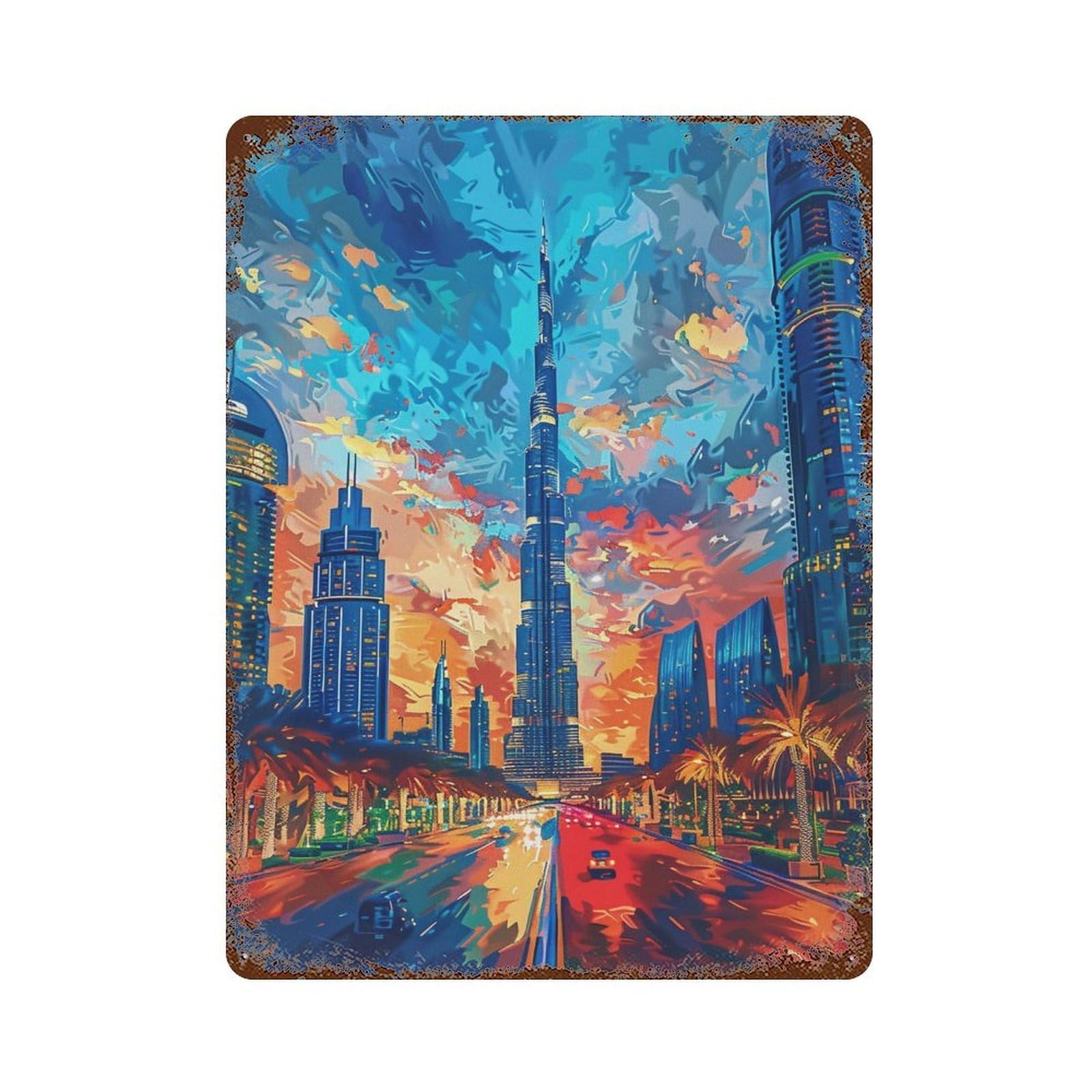 Dubai Skyline at Sunset Retro Metal Sign 15.7"x11.8", Shabby Chic Decor for Bistro, Counter And Cafe Decor