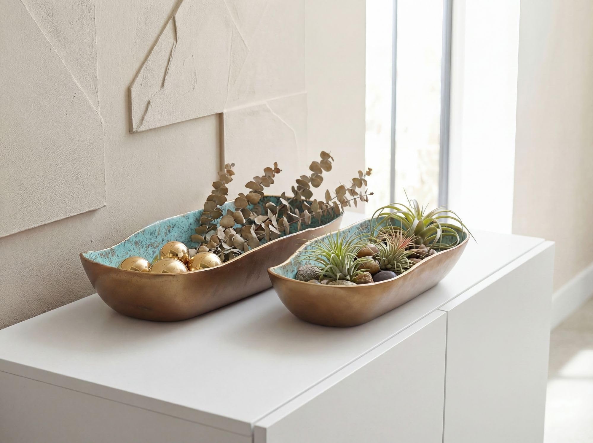 FineBuy Dekoschale 2er Set Aluminium Gold Patina, Oval | Schalen in Schiffchen-Form lebensmittelecht, Obstschale und Tischdeko, handgefertigte Unikate