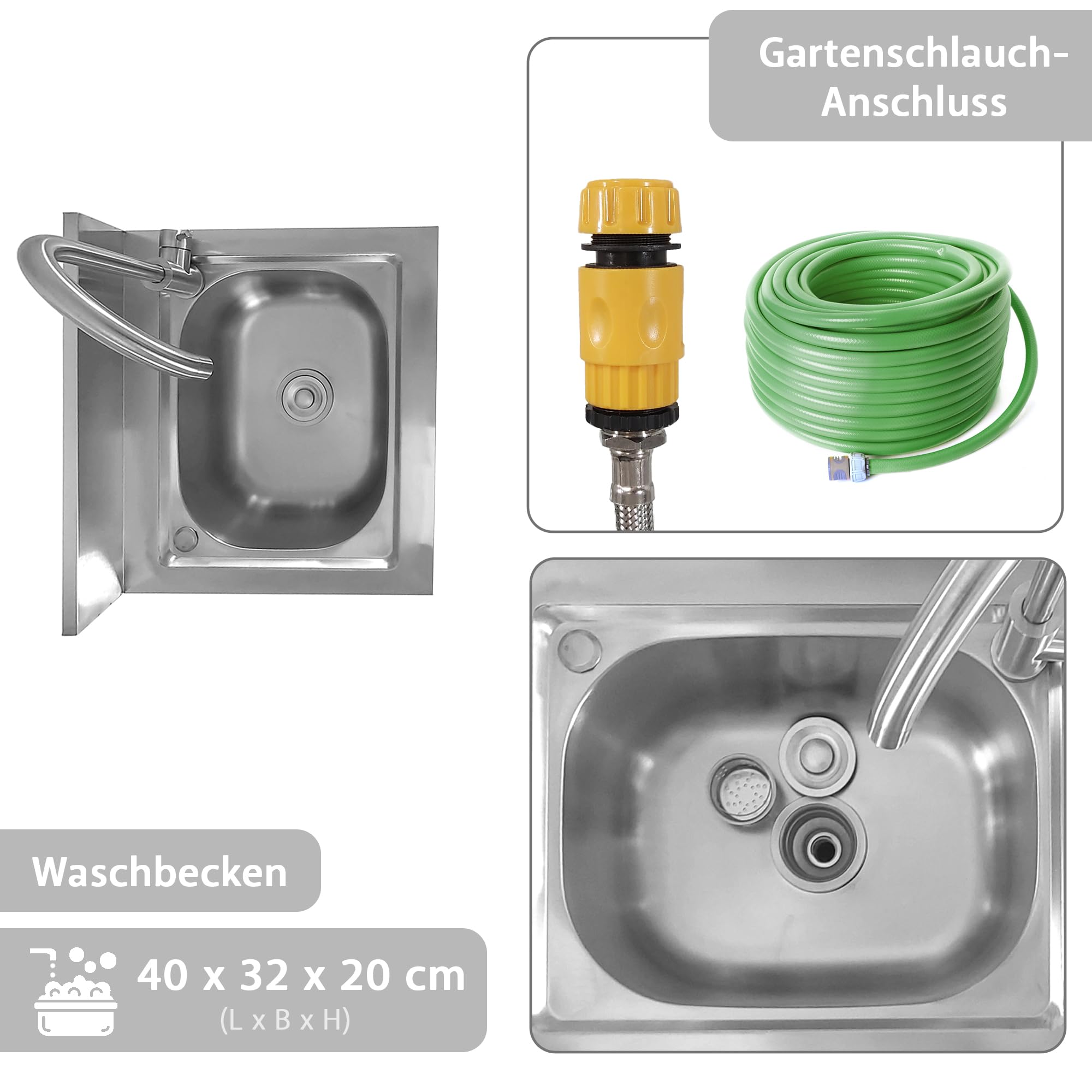 Lemodo Spültisch freistehend – Edelstahl Spültisch mit Wasserhahn, Gartenschlauch-Anschluss, mobiler Spültisch für Outdoorküche, Gastro und Camping, freistehende Küchenspüle mit Ablage