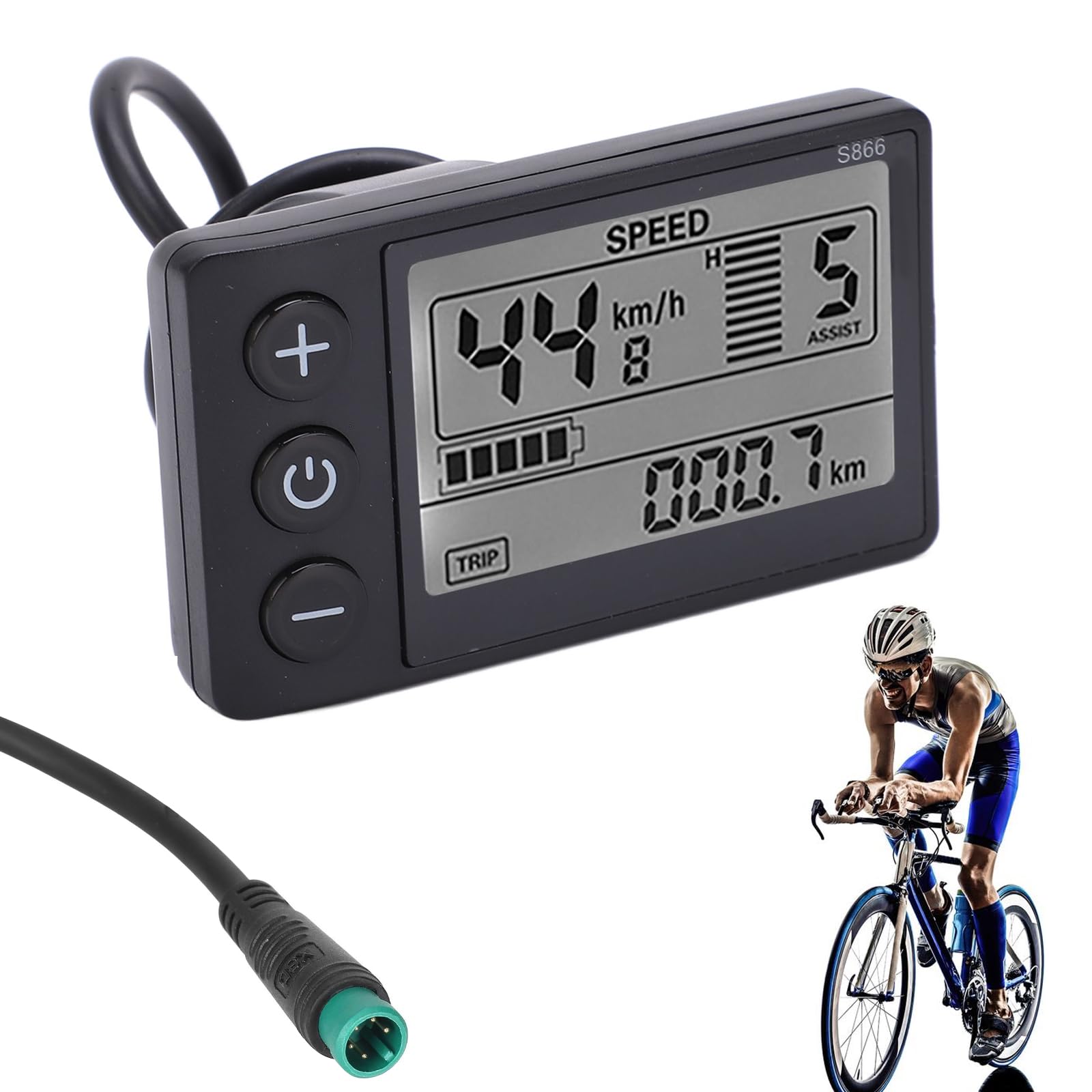 S866 LCD Display Panel for Electric Bike Scooter, 24V 36V 48V Waterproof E-Bike Speed Meter with 5 Pin Plug, IP65 Backlit Dashboard Meter Fit for 22.2mm Handlebar