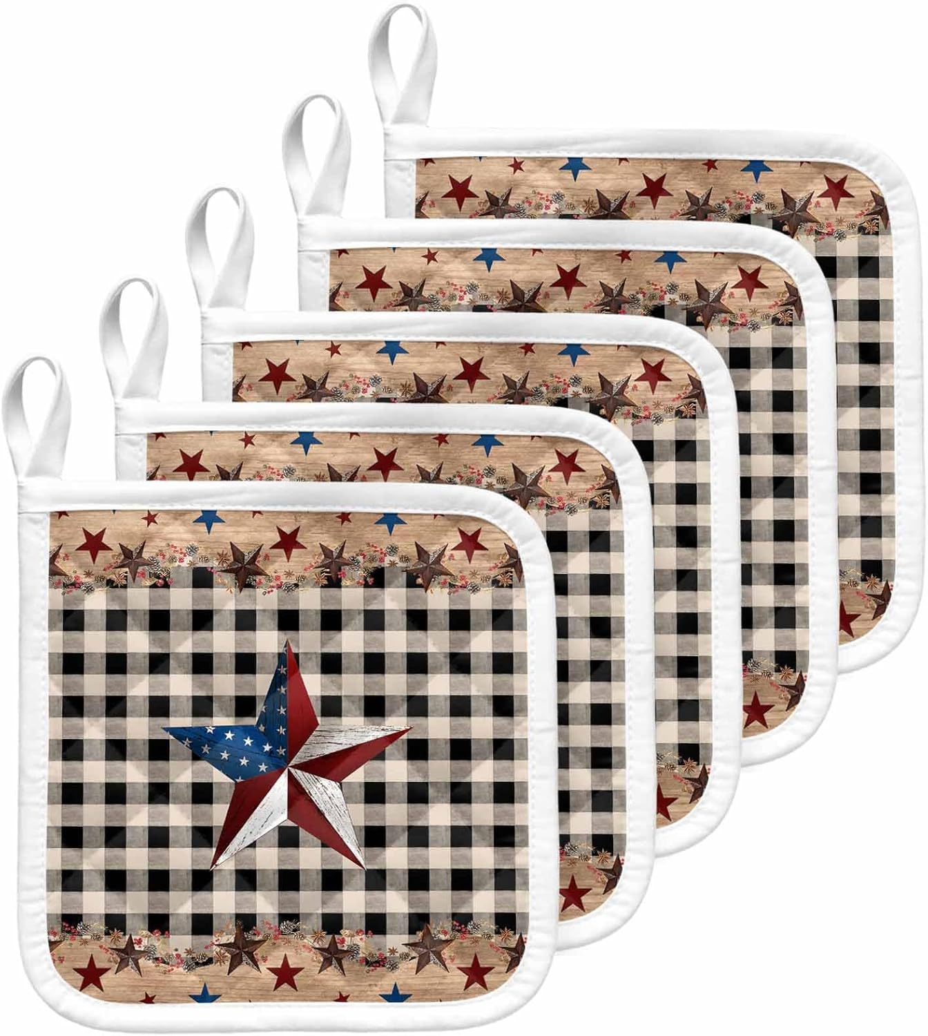 Texas Star Vintage Pot Holders for Kitchen Heatproof Potholder, 5 Pack Black White Retro Art Hot Pads Multipurpose Oven Pads Cloth Potholders Trivet for Cooking Baking