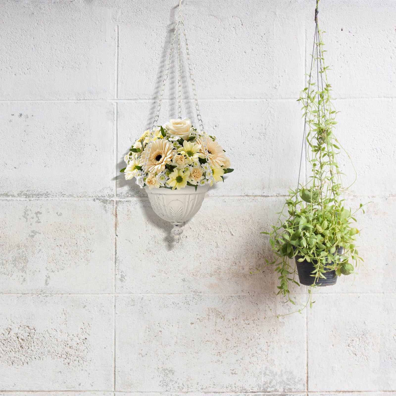 2 Stück Hängender Wandpflanzer aus Eisen Weiß Rustikaler Blumentopfhalter für Kräuter und Blumen Wandmontage für Innenbereich und Zaun
