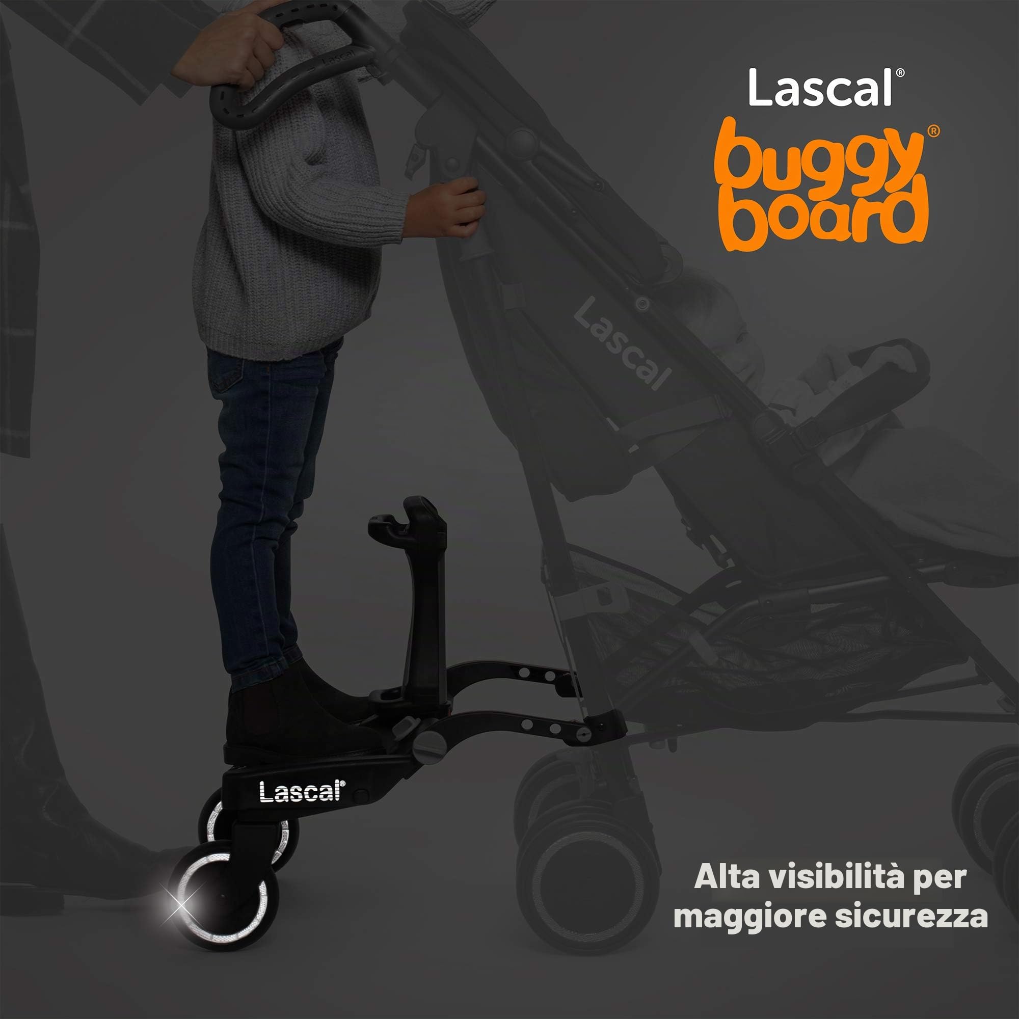 Lascal BuggyBoard Maxi+, Pedana passeggino universale compatibile con quasi tutti i modelli, Pedana buggy board con sellino per bambini di 2-6 anni (22 kg), nero/grigio