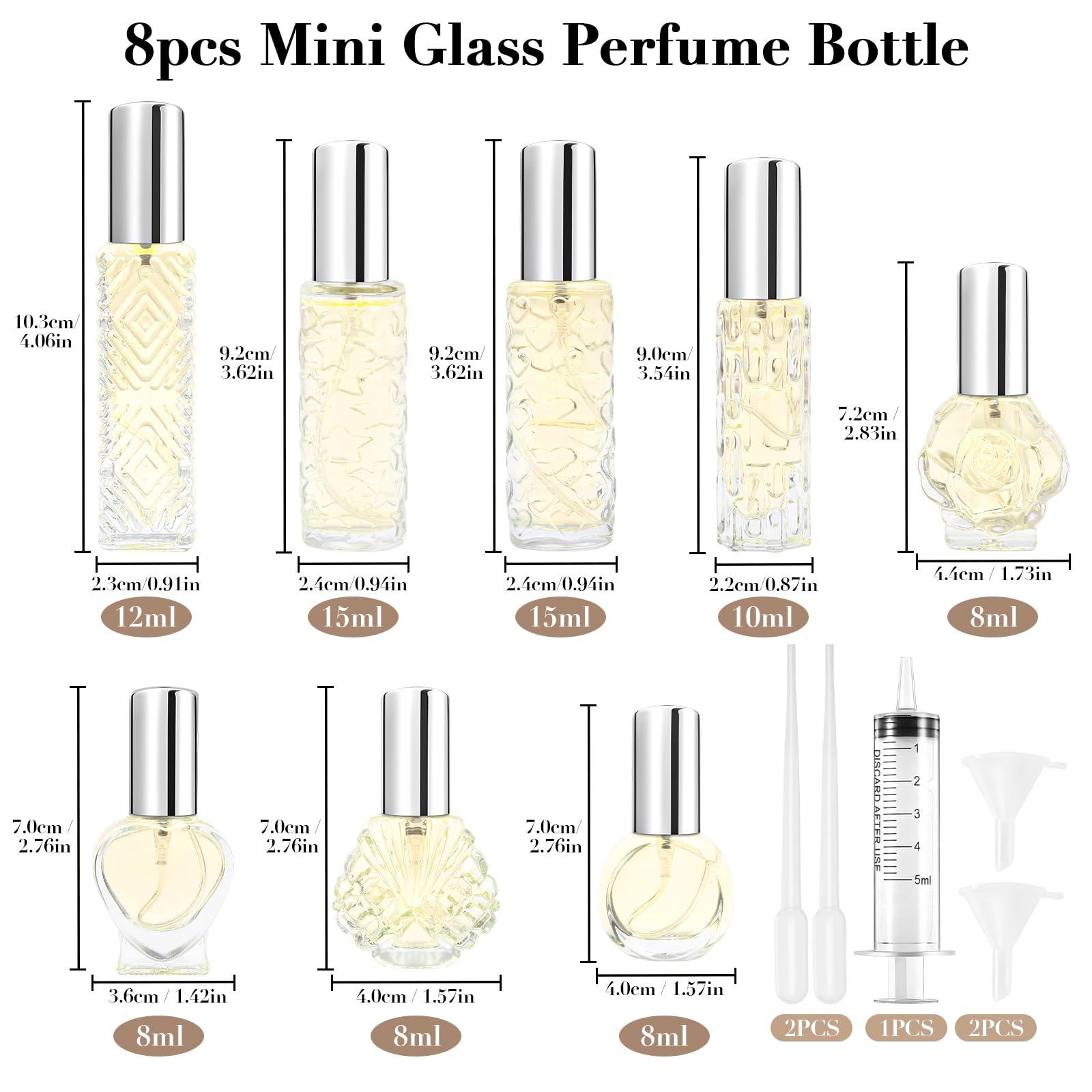 8 sztuk podróżnych pojemników na perfumy wielokrotnego napełniania 8–15 ml, mini pusta butelka z rozpylaczem z 5 akcesoriami, szklany atomizer perfum do torebki, przenośny mini dozownik