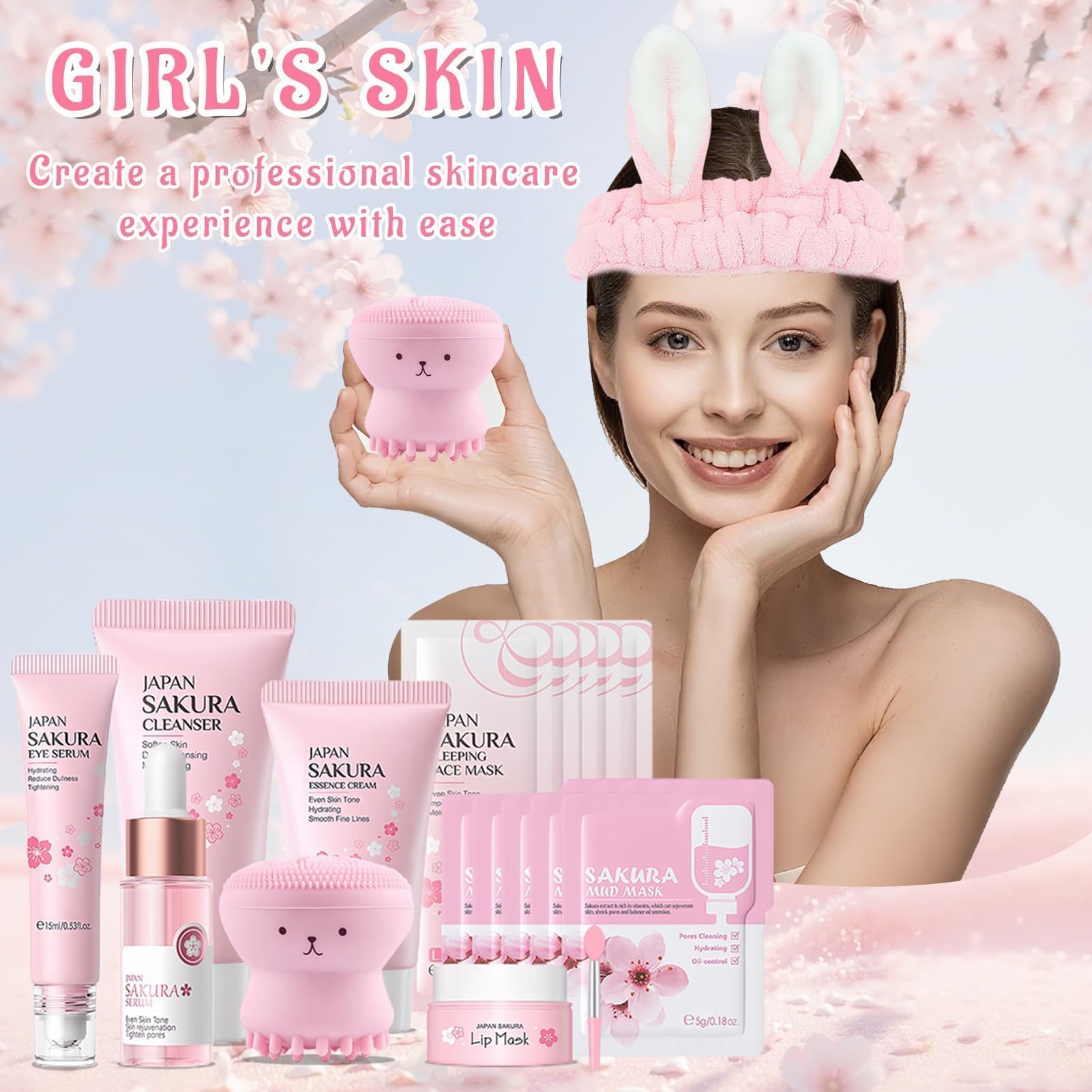 Kit per la Cura della Pelle Sakura 18 Pezzi,Include Detergente,Crema, Siero,Siero per gli occhi,Maschera di fango,Maschera per dormire, Accessori,Set Skincare Viso Completo per Ragazze e Donne
