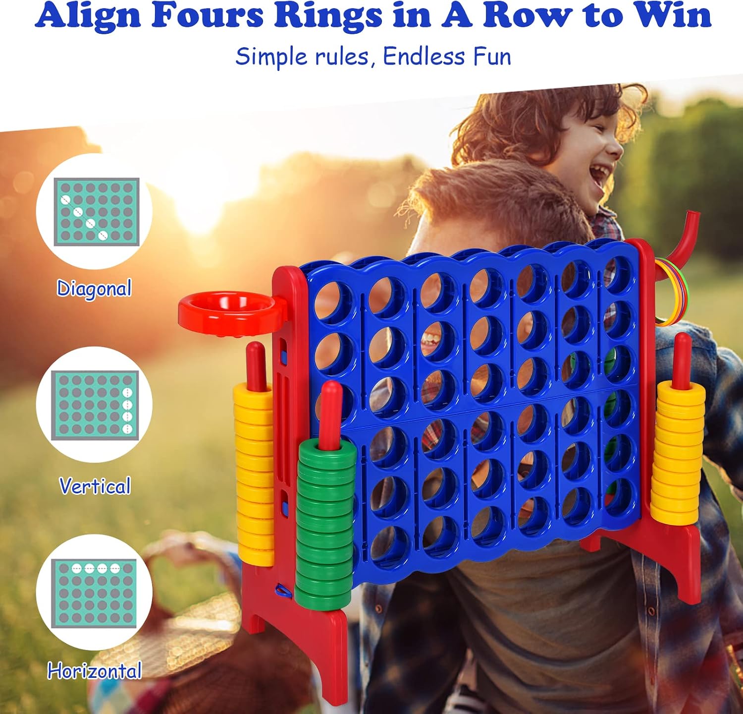 GLACER Giant 4-in-A-Row, Jumbo 4-to-Score Giant Game Set, Outdoor Connect-All-4 Game Set w/Basketball Hoop, Ring Toss, Quick-Release Slider, 42 Jumbo Rings, Backyard Games for Kids & Adults