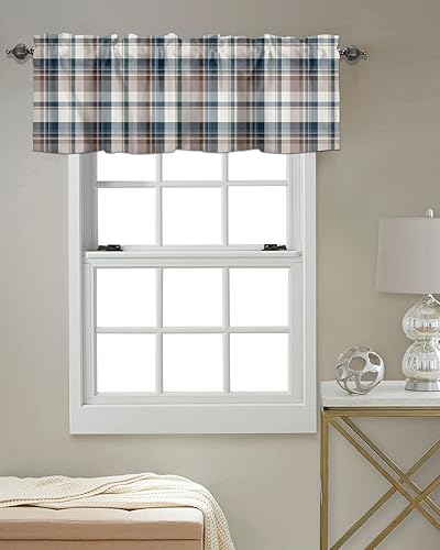 Miniatura 5 de Buffalo - Juego de cenefa y niveles de cortina de cocina a cuadros, estilo granja, marrón y azul, 54 x 36 pulgadas