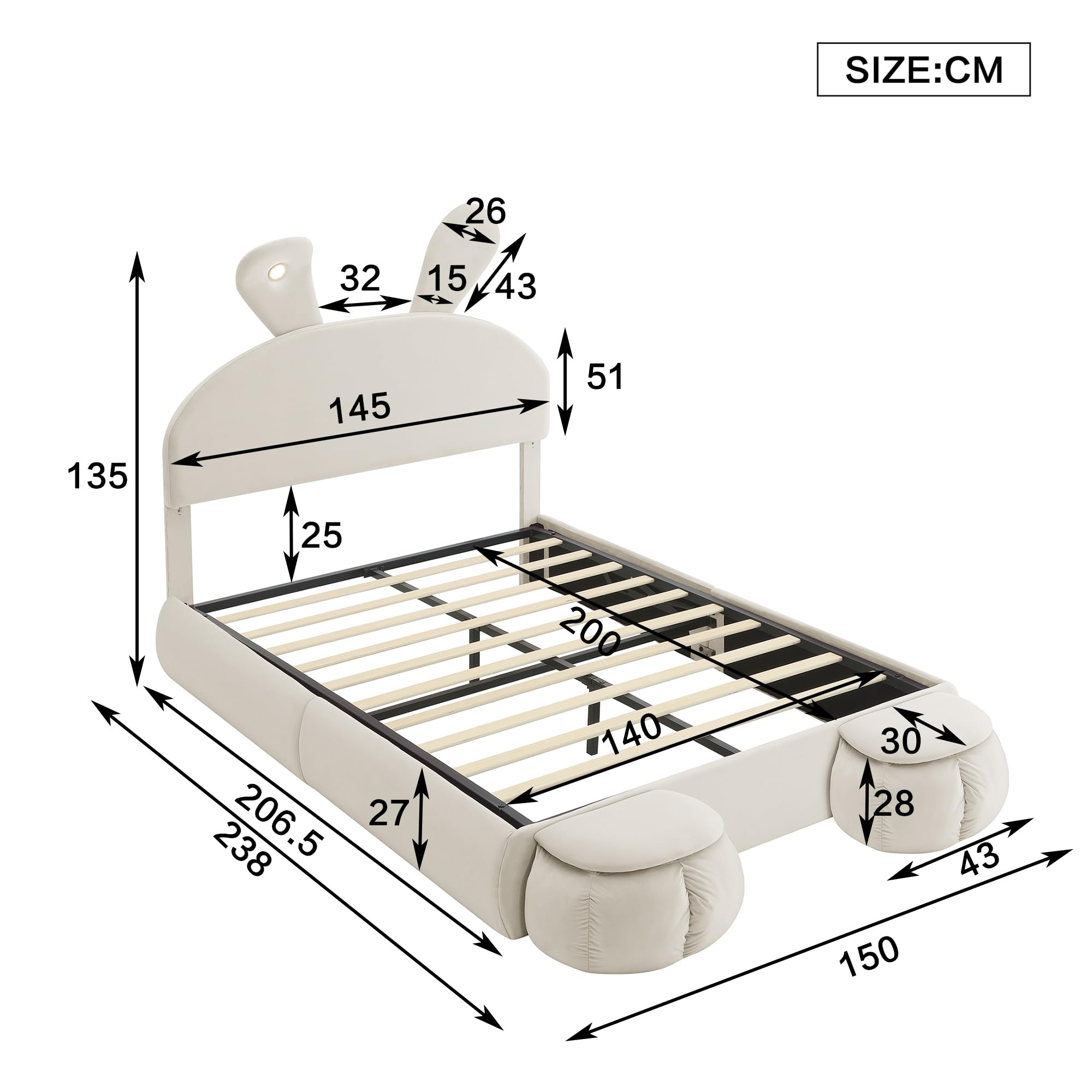 Polsterbett 140x200, Hydraulisch Stauraumbett mit 2 Aufbewahrungshockern und LED-Nachttischbeleuchtung, ausklappbare Hasenohren, LED Doppelbett mit Stauraum und Lattenrost, Samt, Beige, ohne Matratze