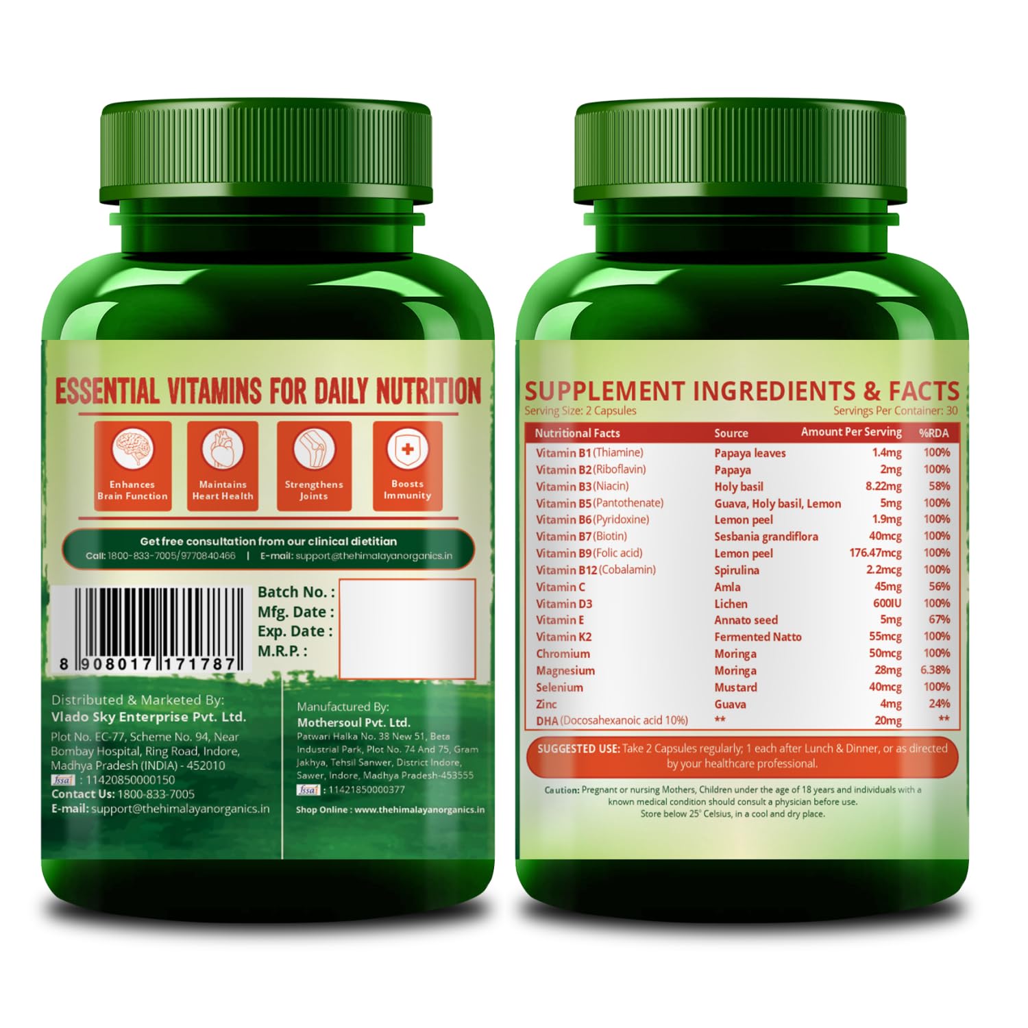 Vitamin B1, B2, B3, B5, B6, B7, B9, B12, C, D3, E, K 2, Chromium, Magnesium, Zinc, EPA and DHA - 60 Veg Capsules Vitamin B1, B2, B3, B5, B6, B7, B9, B12, C, D3, E, K 2, Chromium, Magnesium, Zinc, EPA and DHA - 60 Veg Capsules