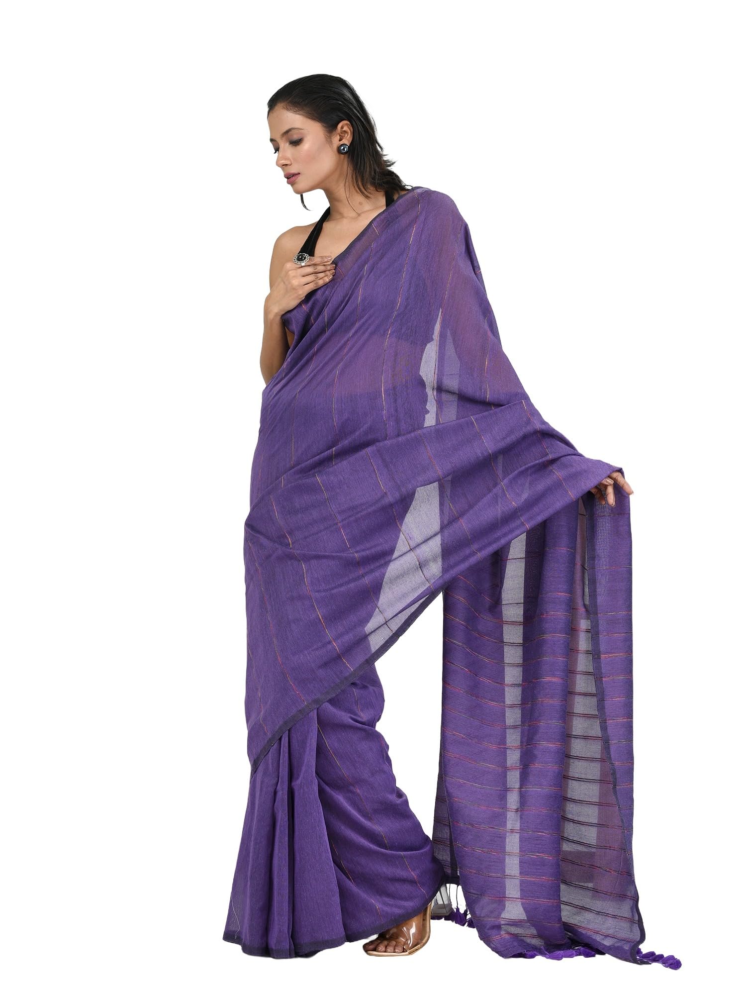 Violet Cotton Soft Saree With Stripe Pattern-image-15