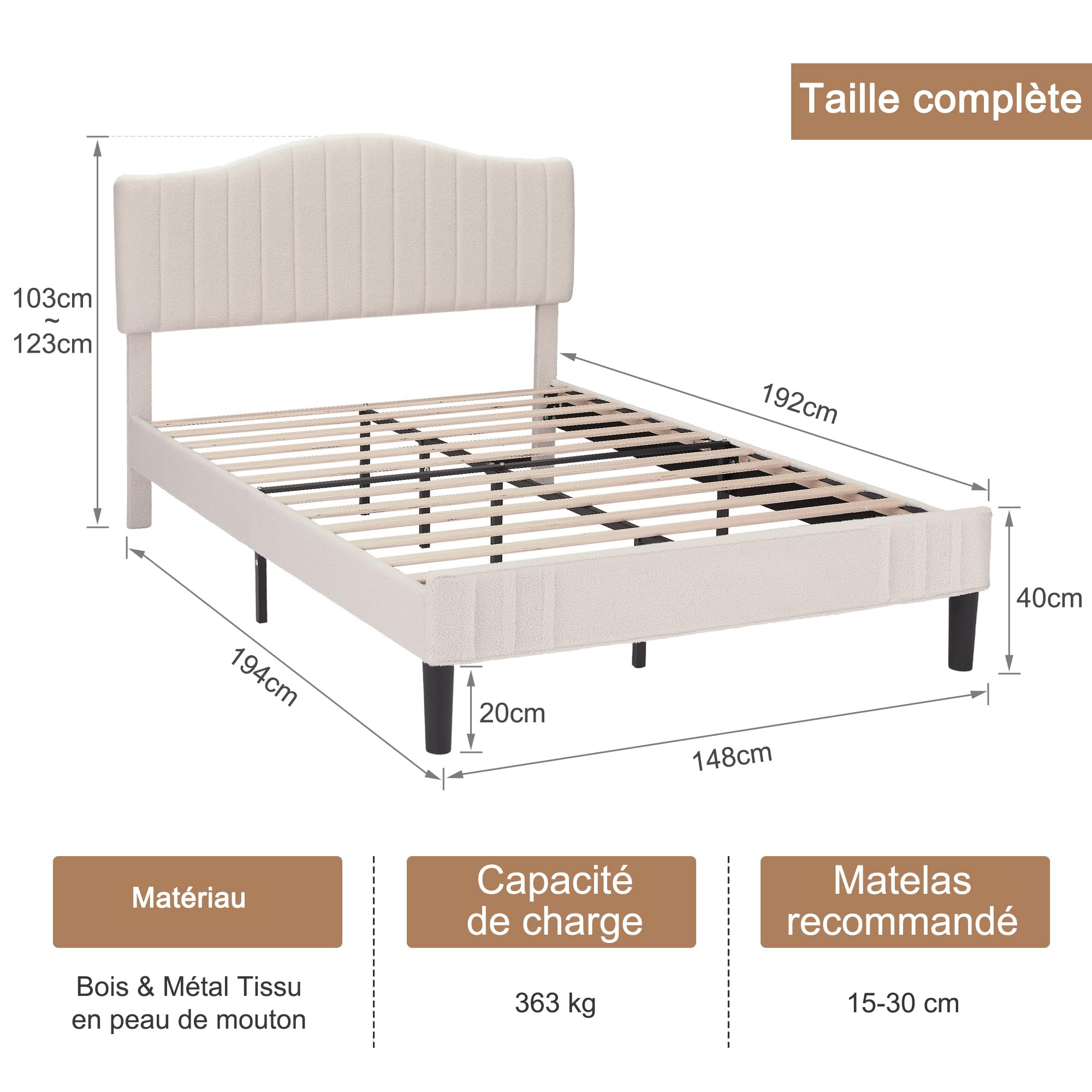 VECELO Doppio imbottito, 140 x 190 cm, supporto a doghe in legno solido, tessuto Teddy, facile da montare, senza rumore, non necessita di rete, beige