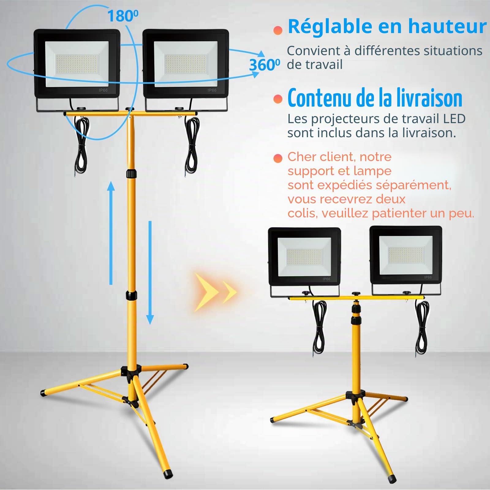 Eulenke Spot LED de chantier avec trépied 2 x 50 W blanc chaud IP66 étanche 3000 K 4250 lm lampe de construction intérieure et extérieure réglable en hauteur (avec câble de 1 m pas de connecteur)
