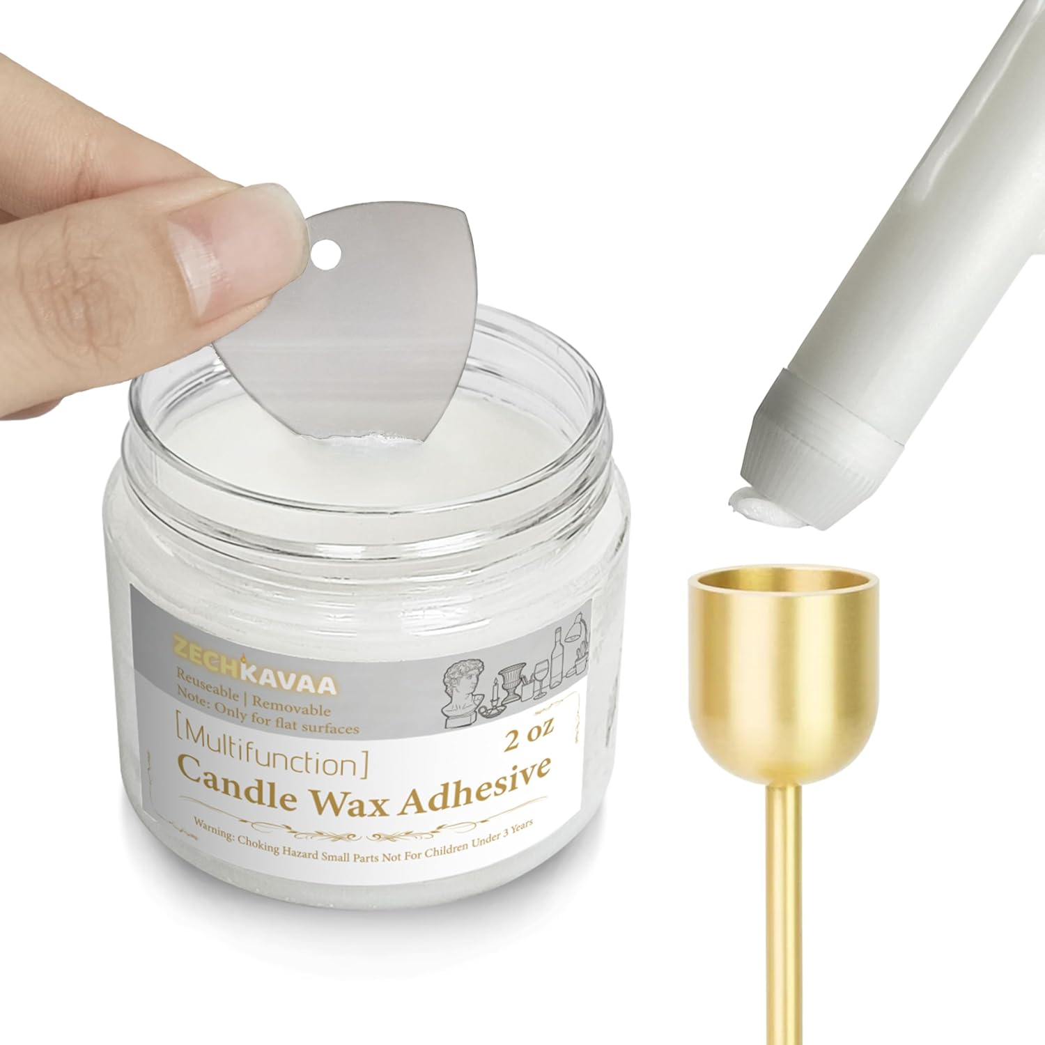 White Reusable Candle Wax Adhesive Gel 2oz Self-Scoop Paste with Mini Spatula Non-Slip Candle Fixing Wax for Pillar Candles, Candle Holders, Displays & Home Decor, Clear, Easy to Clean & Residue-Free