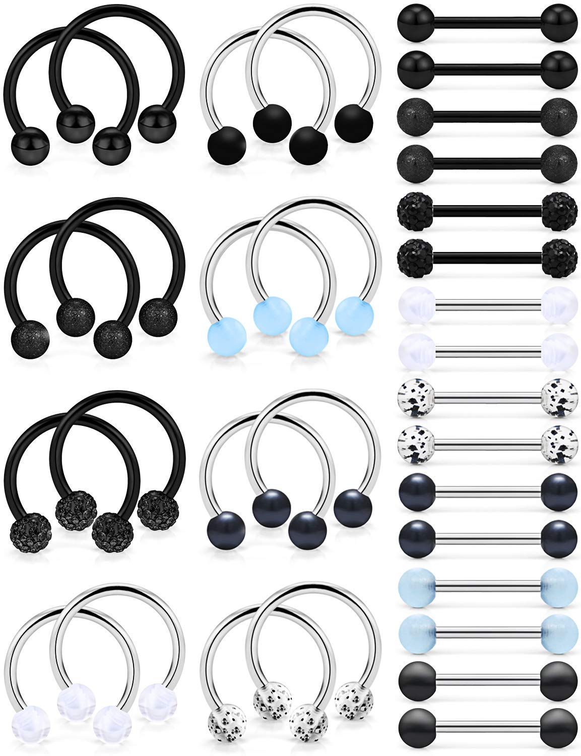 Ftovosyo 16 Pairs 16G Surgical Steel Nipplerings Nipple Tongue Rings Straight & Horseshoe Barbell Hoop Body Piercing Jewelry for Women Men