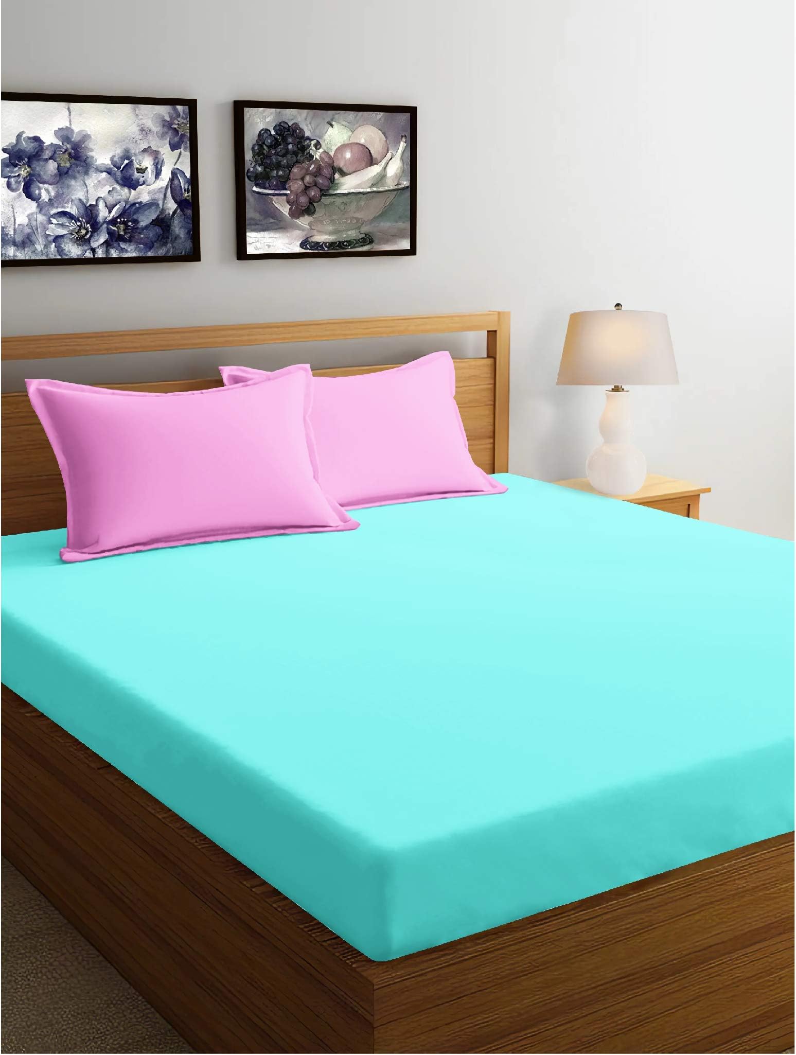 Krishnam Home Oxford 1 Double bedsheet with 2 Pillow Cases (90×100 inches) Blue Pink