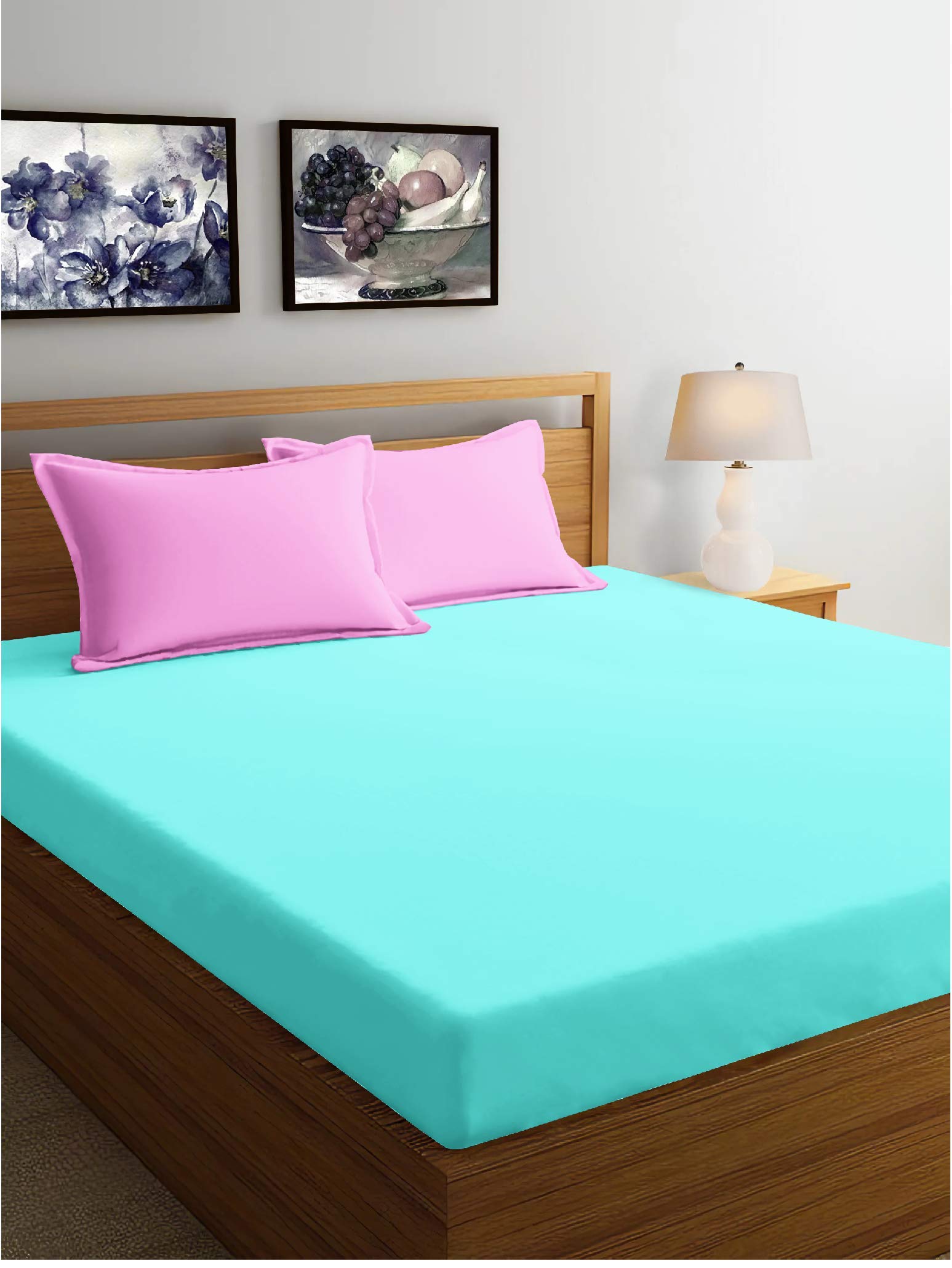 Krishnam Home Oxford 1 Double bedsheet with 2 Pillow Cases (90×100 inches) Blue Pink