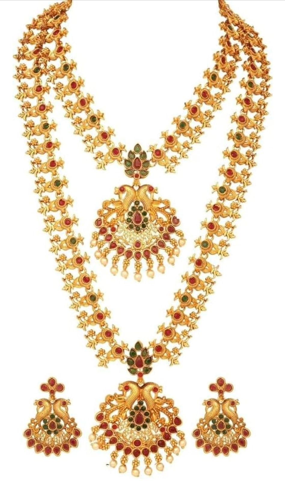 Traditional South Indian Temple Jewellery Set for Women | Gold Plated Long Haram & Short Necklace with Peacock Pendant & Matching Earrings | Ruby, Emerald & Pearl Studded Ethnic Combo Set-image-15