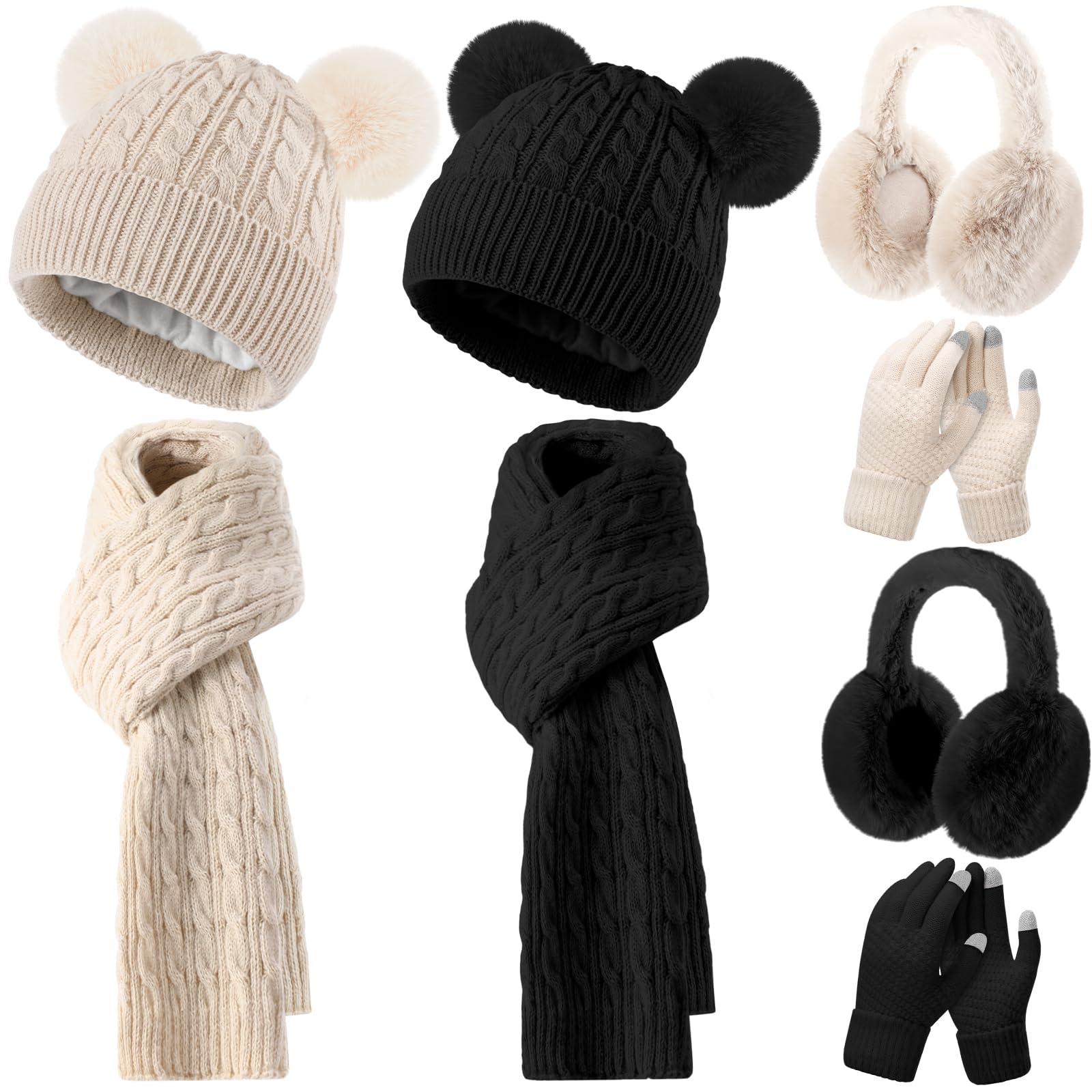 8 Pcs Hat Scarf Ear Muff and Gloves Snowboarding Set for Women Winter Knit Beanie Pompom Hat Warm Touch Screen Gloves for Women Men Adult-image-41