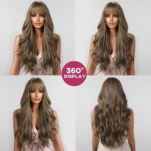 Miniatura 6 de YOUGRACE Peluca larga de mezcla marrón con flequillo, pelucas rizadas y onduladas de color marrón para mujer, 26 pulgadas, peluca de fibra sintética