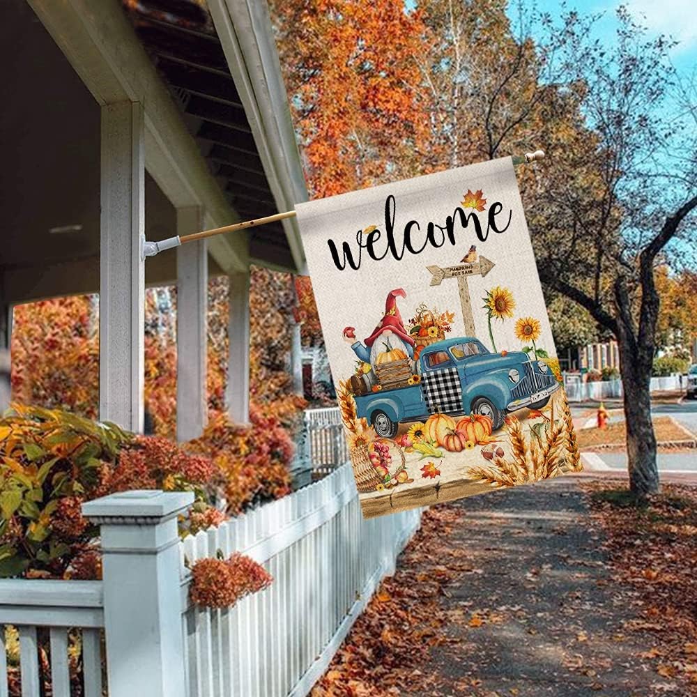 Bonsai Tree Fall Flags 28x40 Double Sided, Hello Autumn Gnomes Pumpkins Burlap House Flag, Blue Farm Truck Sunflower Harvest Welcome Decorative Banners Signs for Home Garden Yard Lawn Decor Outside : Patio, Lawn & Garden