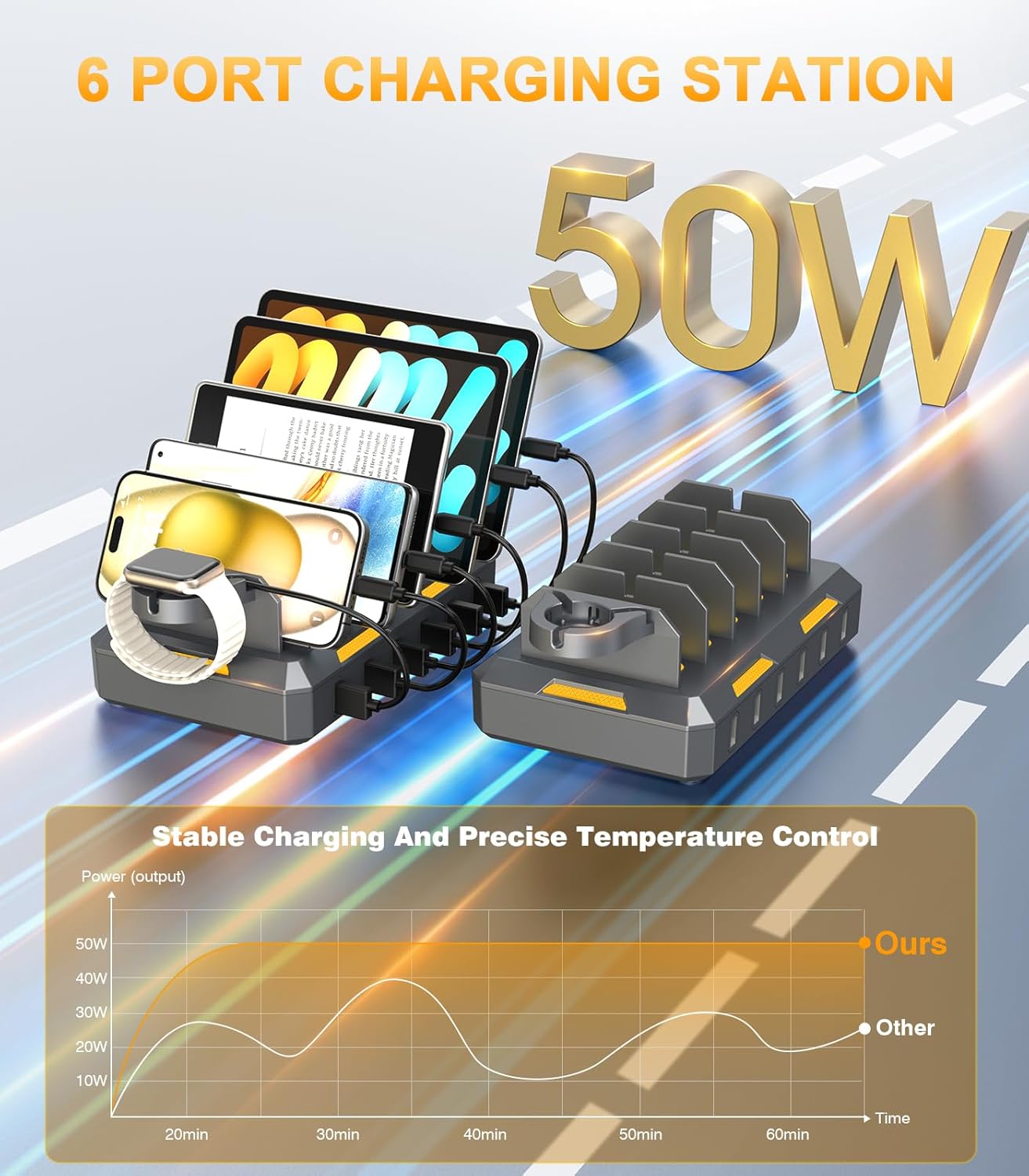 CREATIVE DESIGN Charging Station for Multiple Devices Apple,50W USB Multi Charging Station for iPhone,iPad,Cell Phone,Android,iPad,Tablet,Kindle and More,with 6 Mixed Cables（Space Gray）