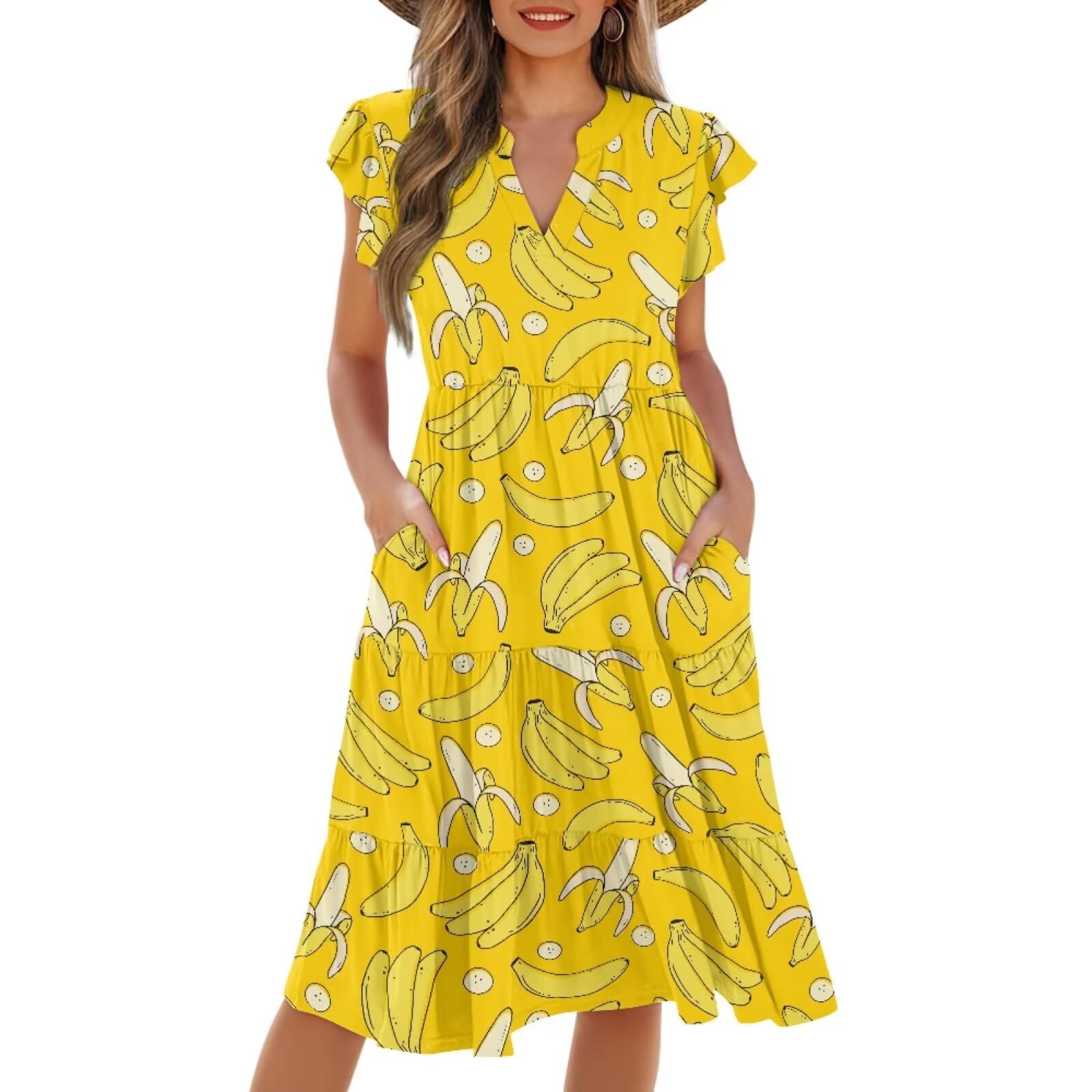 Womens Summer Dress Ruffle Sleeve V Neck Dress Casual Fit Flowy Beach Vacation Sundress with Pocket S-2XL