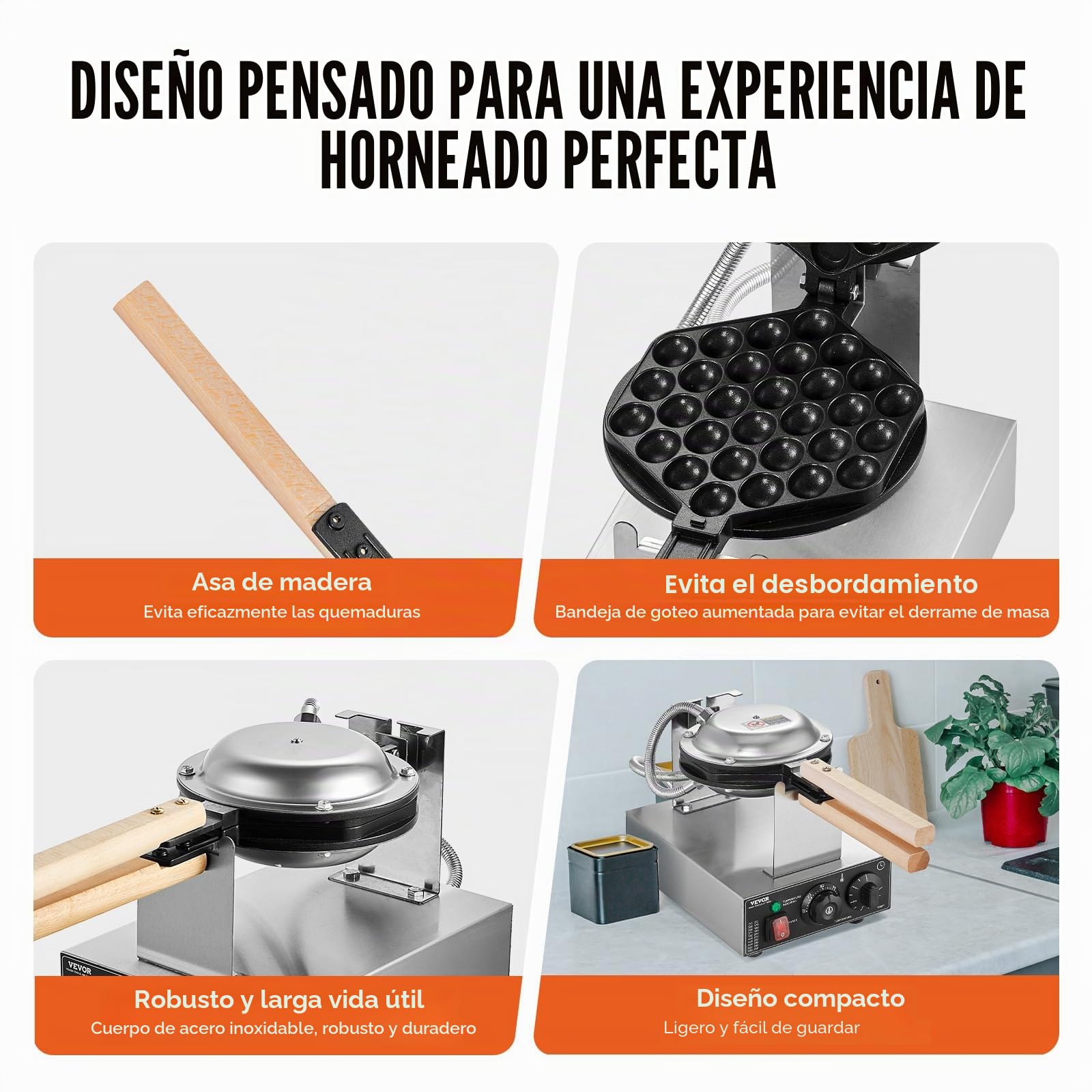 VEVOR Máquina para Hacer Gofres con Burbujas, 1400 W, Acero Inoxidable Antiadherente, Control Temperatura y Tiempo, Mango de Madera, para Restaurantes, Panaderías, 593 x 220 x 268 mm, Plata, 1P
