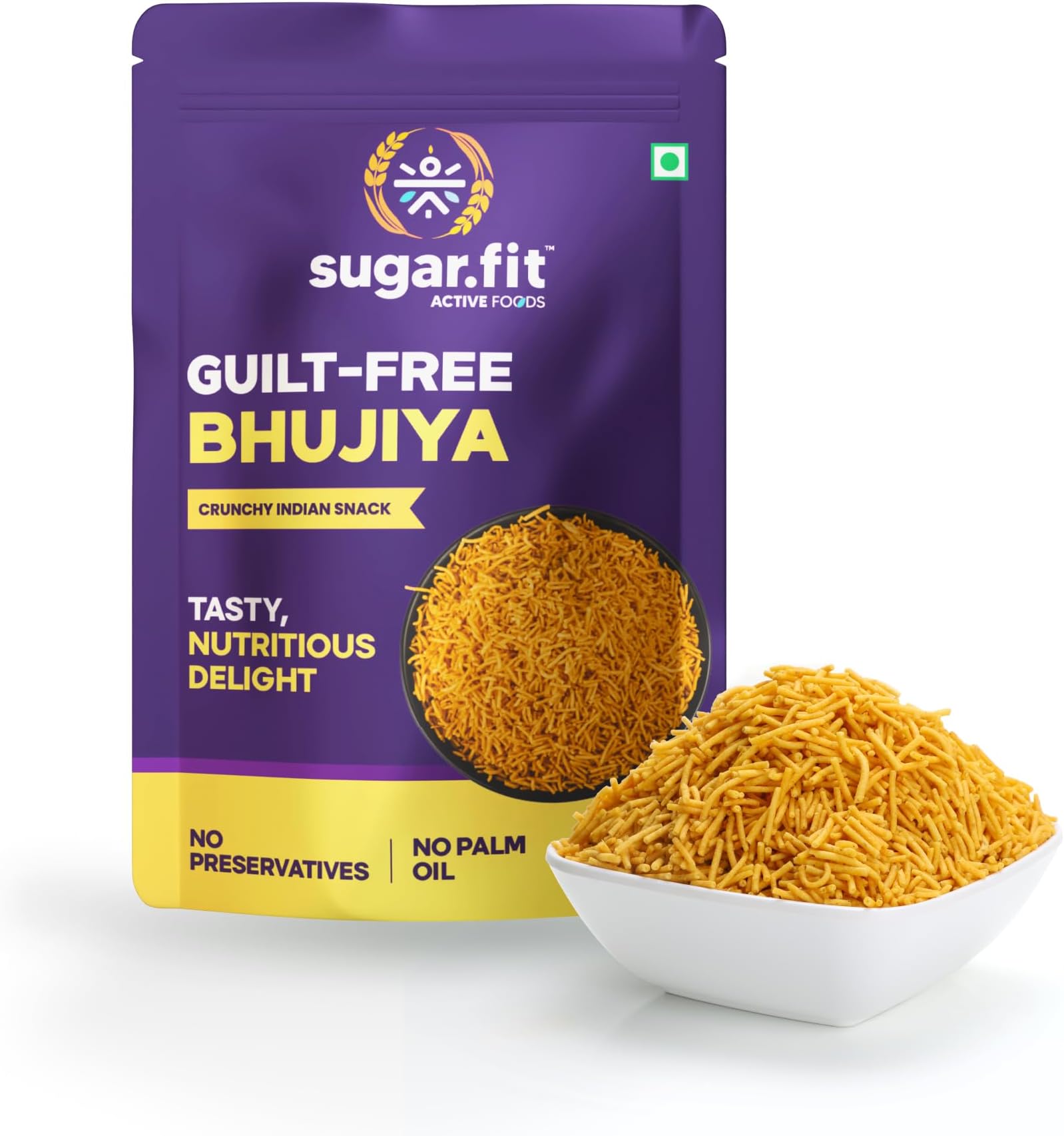 Sugar.Fit Active Guilt-Free Bhujiya,100% Roasted, No Palm Oil, Sugar-Free, High Protein, Low GI Indian Snack for diabetes, Crunchy Indian Flavour, High Protein, Low GI Bhujia 150 gm (Pack 1)