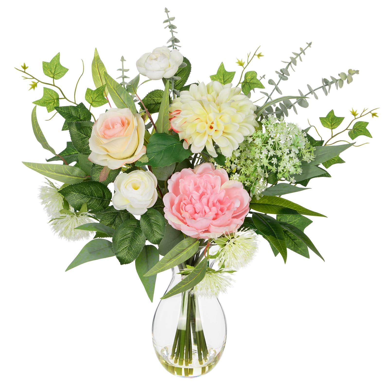 Arborus Artificial Flowers in Glass Vase with Faux Water 19.7" Large Artificial Flowers Bouquet Arrangement Fake Silk Rose Peony Dahlia Flower and Greenery for Table Centrepiece Kitchen Home Decor