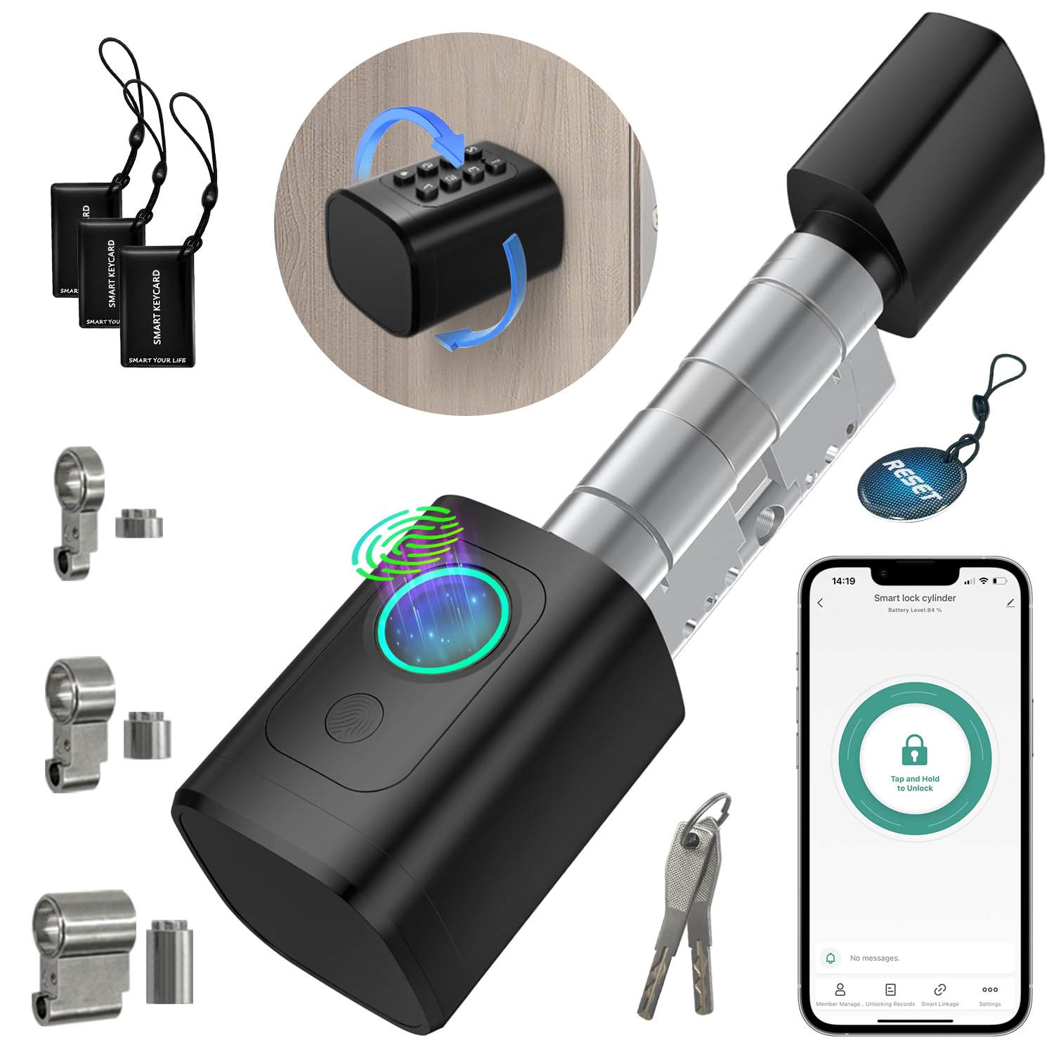 AVATTO Smart Türschloss mit Fingerabdruck & Passwort für 90-120mm Türen, Elektronischer Schließzylinder mit einstellbarer Länge, inkl. Schlüssel & IC-Karte, Fernsteuerung über AVATTO & Smart Life App