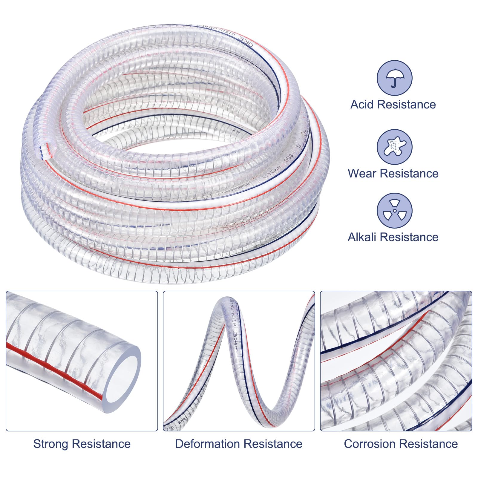 QUARKZMAN 3/4" ID x 25 Pies PVC Tubo Acero Alambre Reforzado Tubo Flexible Vinilo Manguera Tubería Transparente Succión Productos químicos Resistente Grueso Tubo