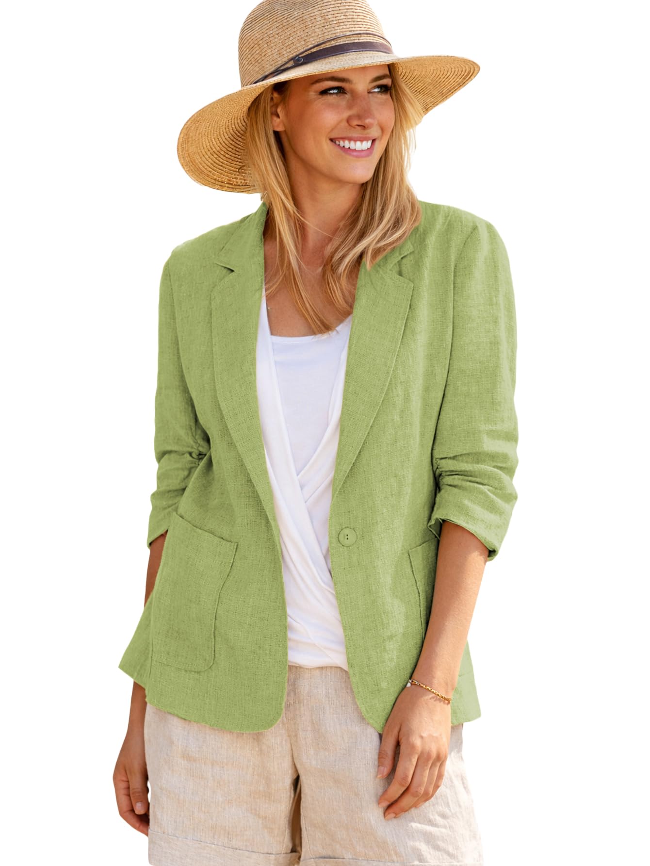 Mina Self 2026 Summer Women’s Linen Blazer Jacket - Lightweight Breathable 3/4 Stretchy Ruched Sleeve Casual Work with Pocket