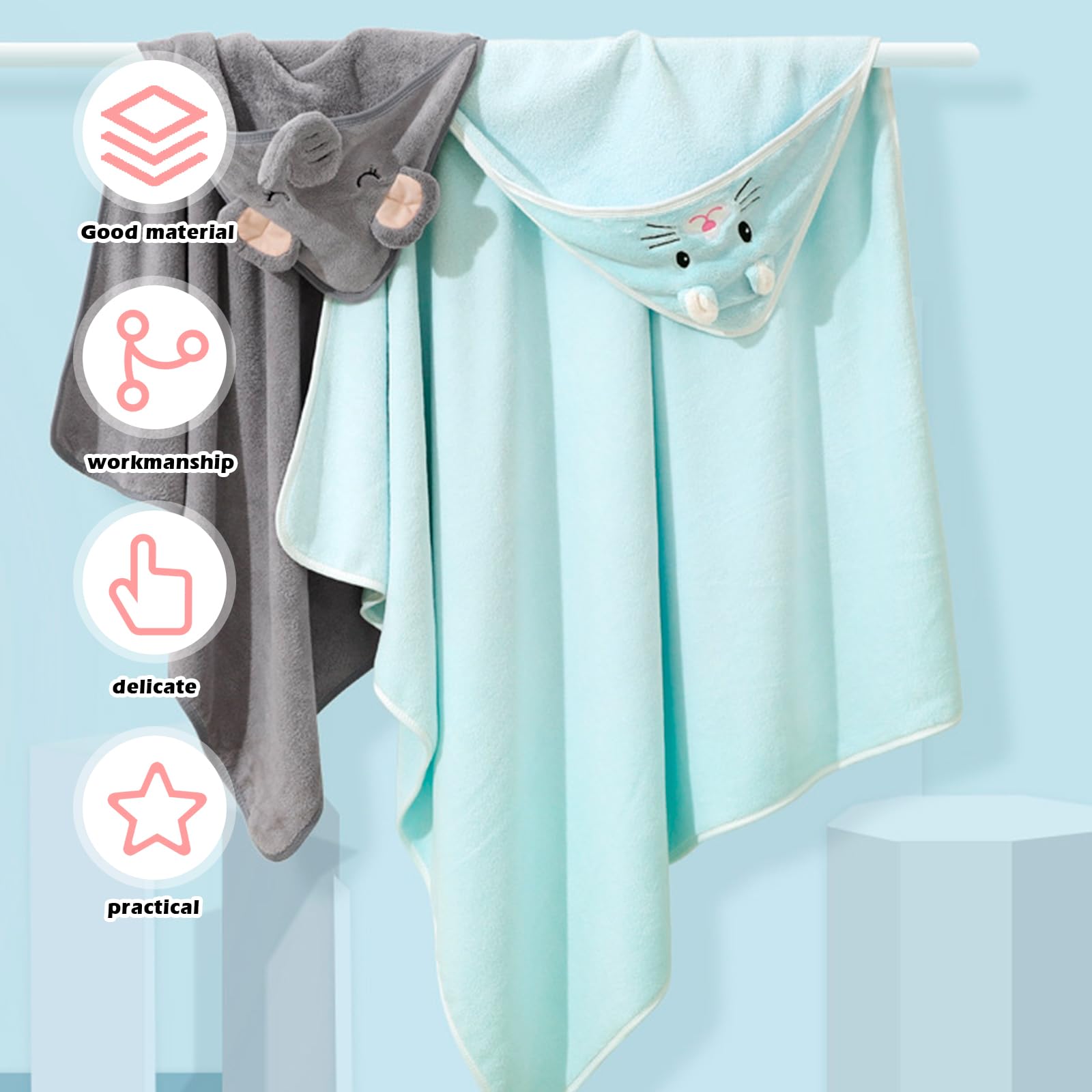 Lot de 3 serviettes à capuche : 80 x 80 cm Serviette bébé avec capuche, serviette de bain douce et super absorbante, poncho de bain unisexe