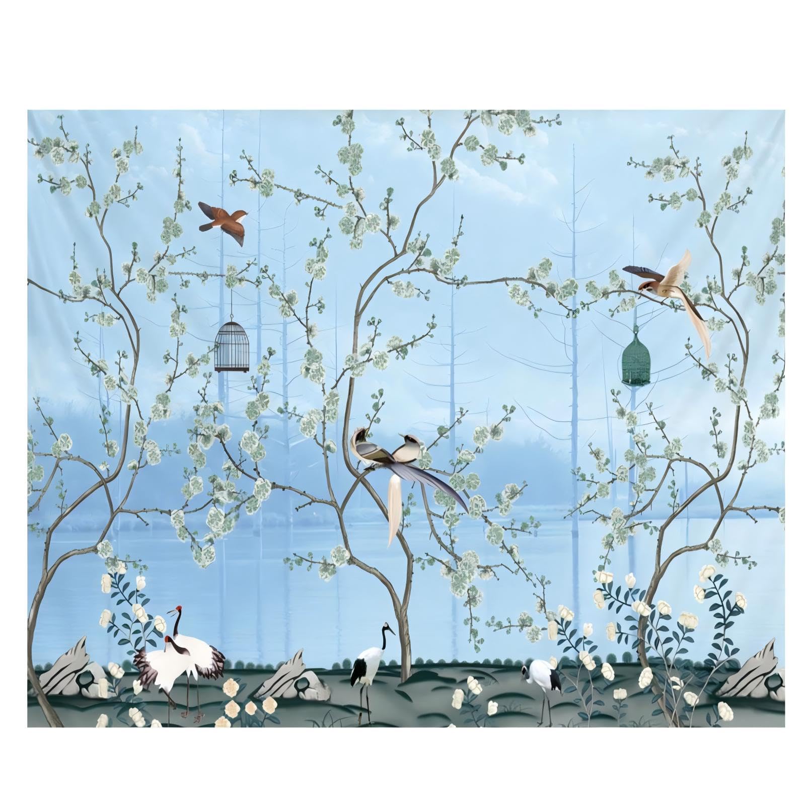 VIFERR Wall Tapestry, Bohemian Blue Flowers and Birds Tapestry Wall Hanging Large Walls Rug Tapestries for Living Room Bedroom (150 * 200cm)