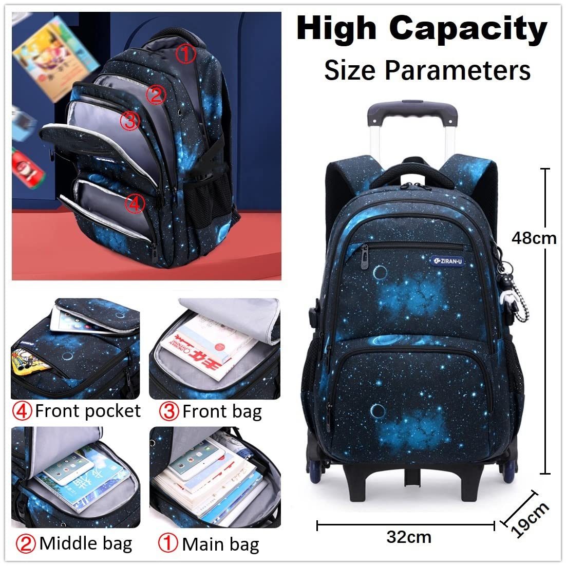 Cartable a Roulette Garcon Fille, Cartable à roulettes Sac à Dos à roulettes Bagages Enfants Sac de Voyage (Bleu Géométrique)